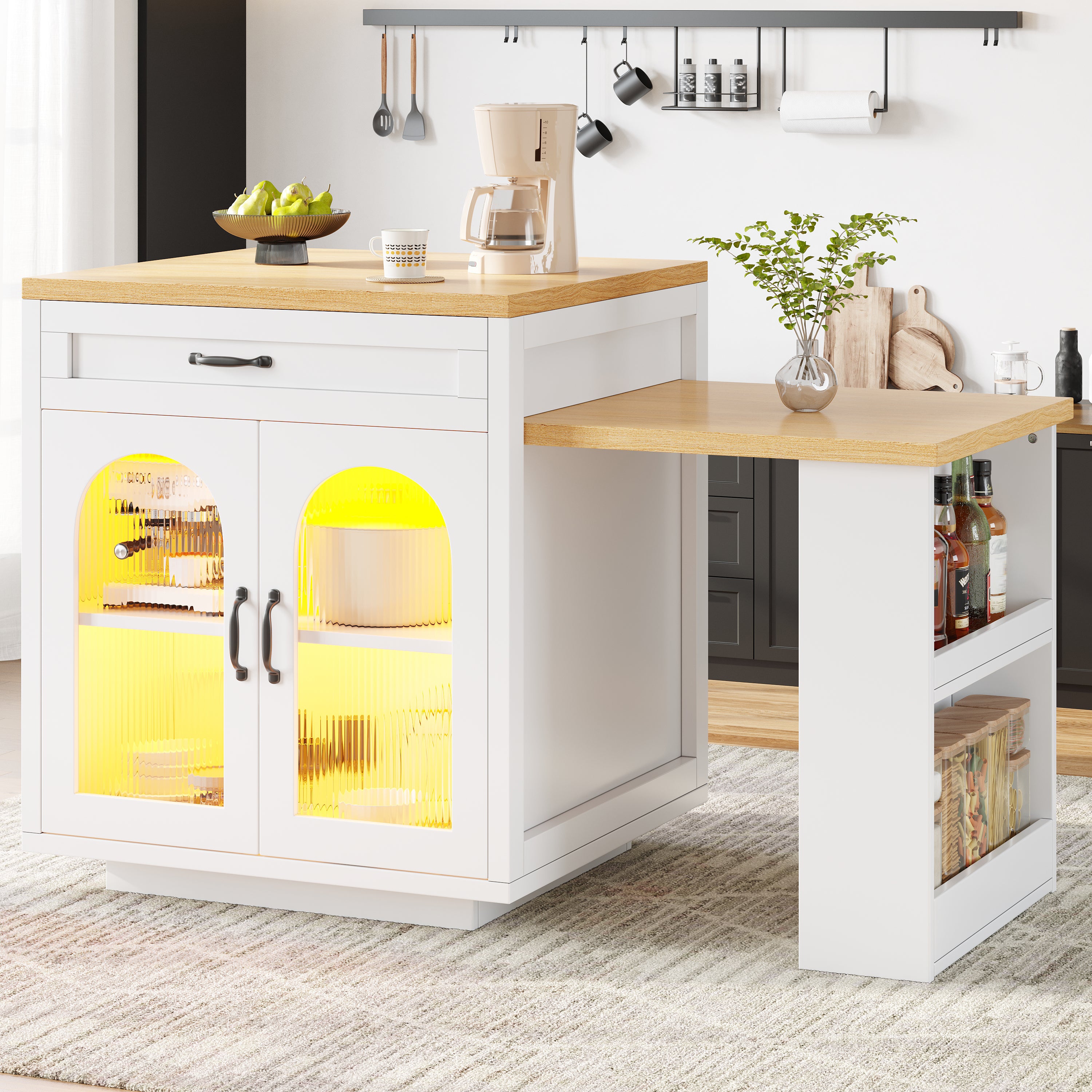 Extendable Kitchen Island with LED Lighting, Modern Storage Cabinet with 2 Drawers & Adjustable Shelves, Kitchen Sideboard with Fluted Glass Doors, MDF Kitchen Countertop for Dining Room
