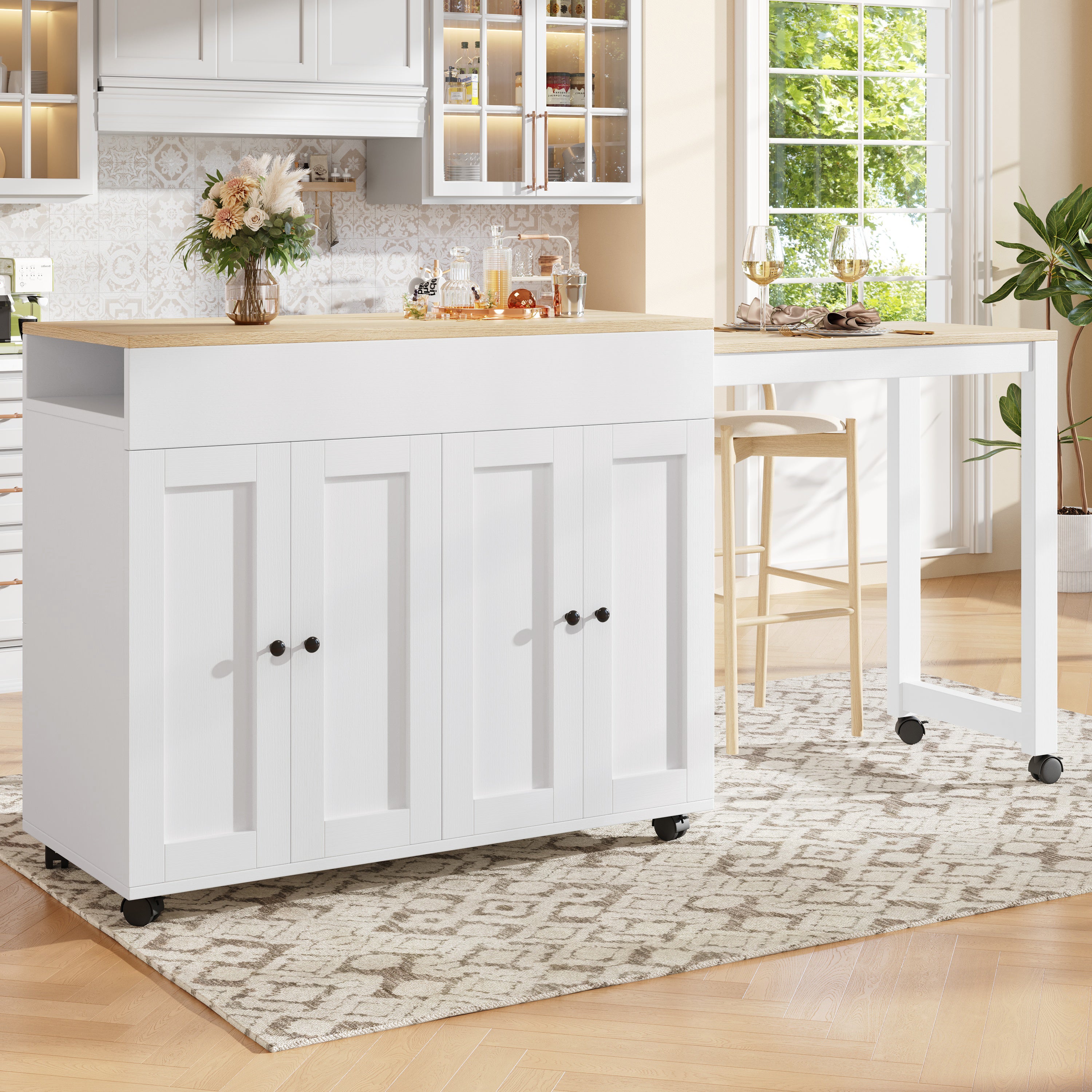 Modern Extendable Bar Table (118-180×50×94cm), Extendable Dining Table with Storage, with Six Shelves, Standing Table Bistro Table, for Dining Room, Use as Living Room Room Divider, White/Gray