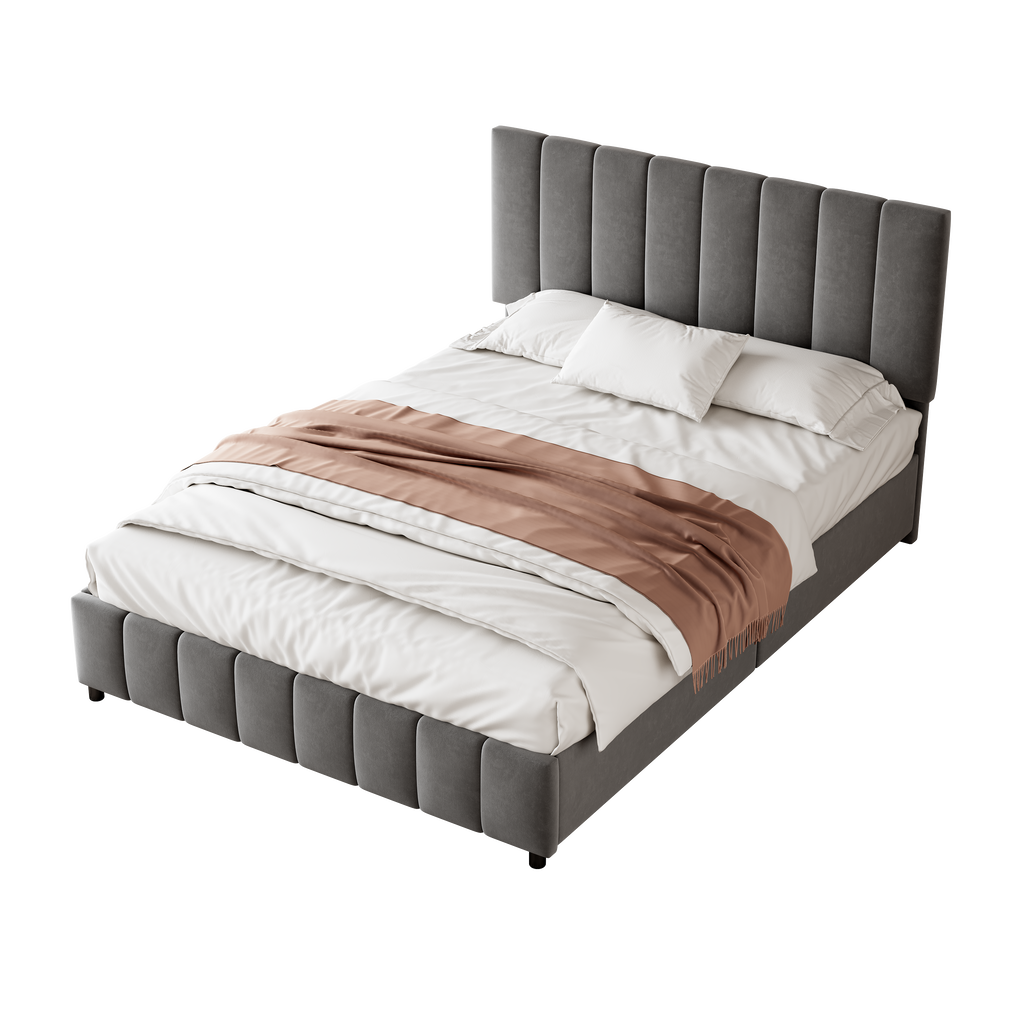 4ft6 Double Upholstered Bed with 4 Storage Drawers, Velvet Platform Bed Frame with Adjustable Channel Tufted Headboard, Metal-Wood Support, No Box Spring Needed, Easy Assembly, Grey (No Mattress)