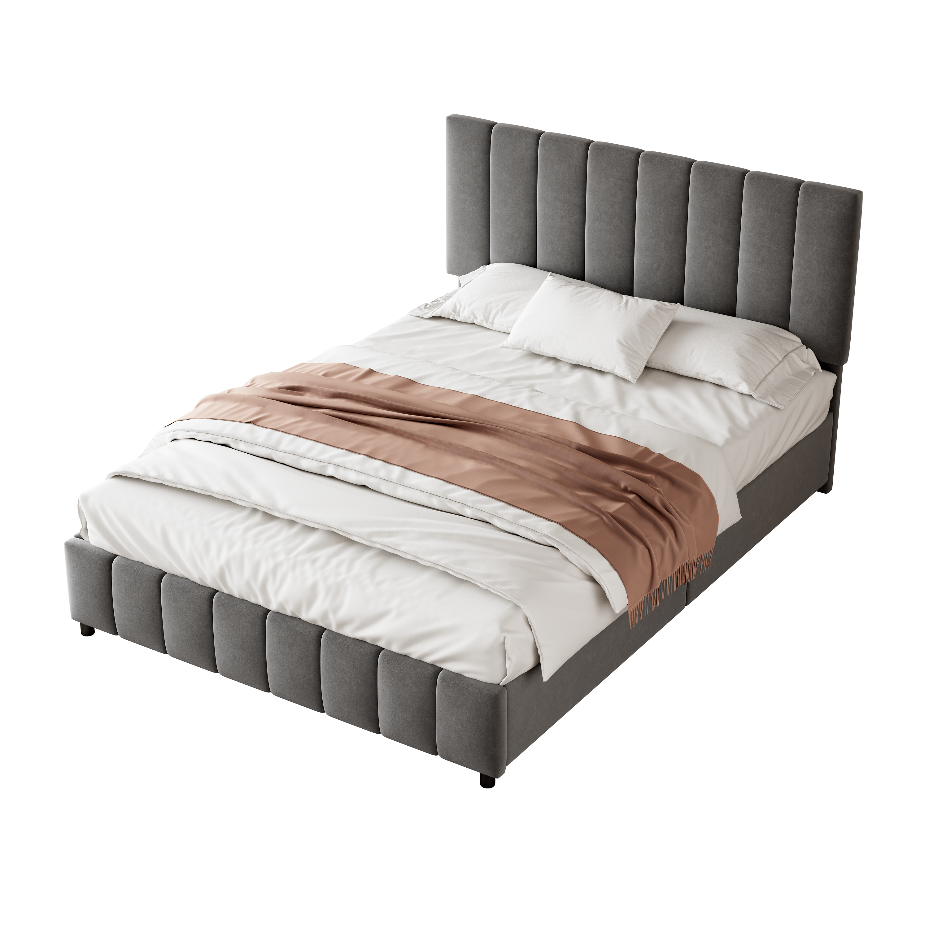 4ft6 Double Upholstered Bed with 4 Storage Drawers, Velvet Platform Bed Frame with Adjustable Channel Tufted Headboard, Metal-Wood Support, No Box Spring Needed, Easy Assembly, Grey (No Mattress)
