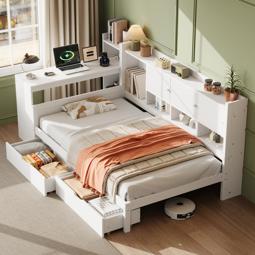 3ft Single Daybed with Storage Drawers and Bookcase, Modern Bed frame with Charging Station and Integrated Desk, Wood Bed for Living Room/ Bedroom/ Study Room, Two Assembly Methods, White(No Mattress)