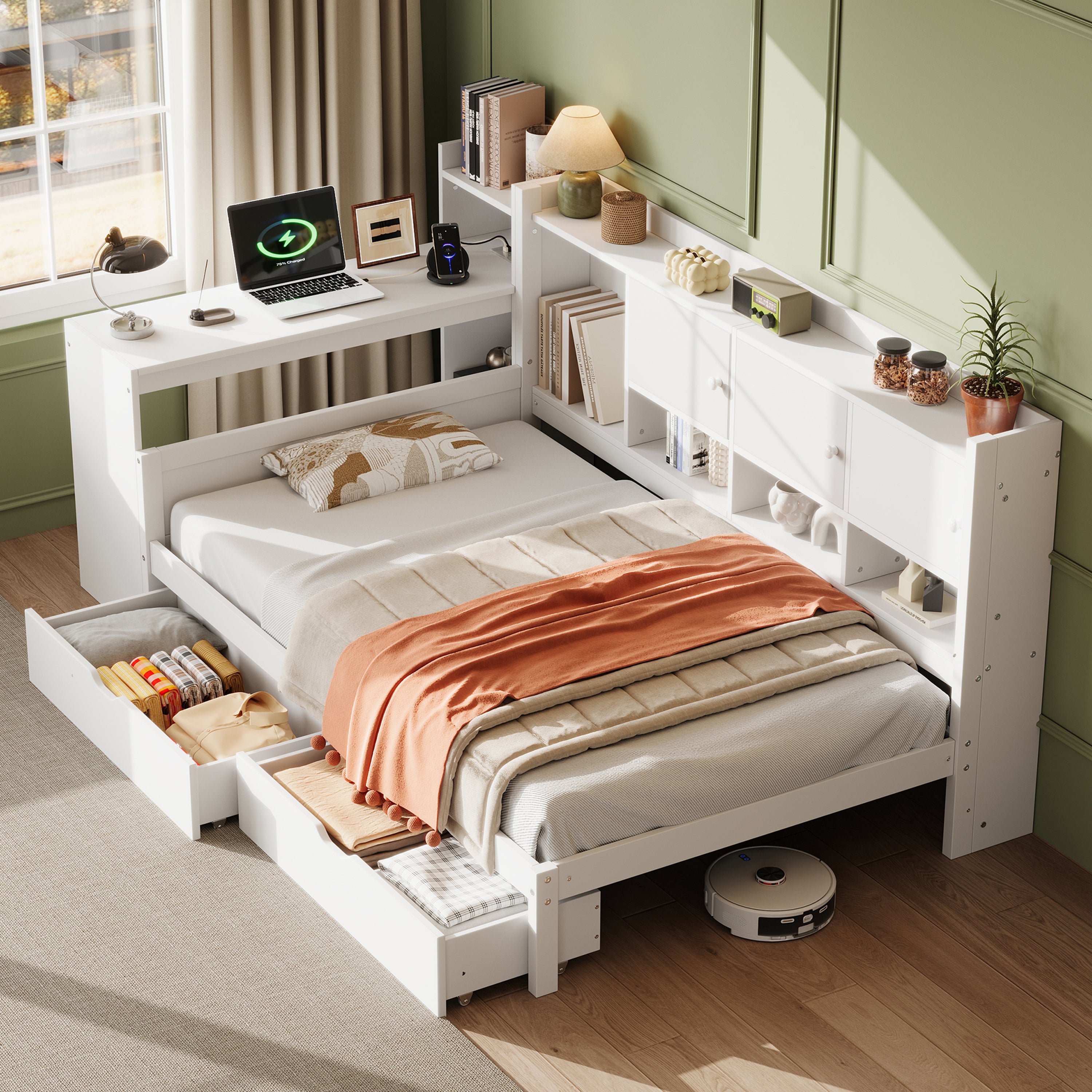 3ft Single Daybed with Storage Drawers and Bookcase, Modern Bed frame with Charging Station and Integrated Desk, Wood Bed for Living Room/ Bedroom/ Study Room, Two Assembly Methods, White(No Mattress)