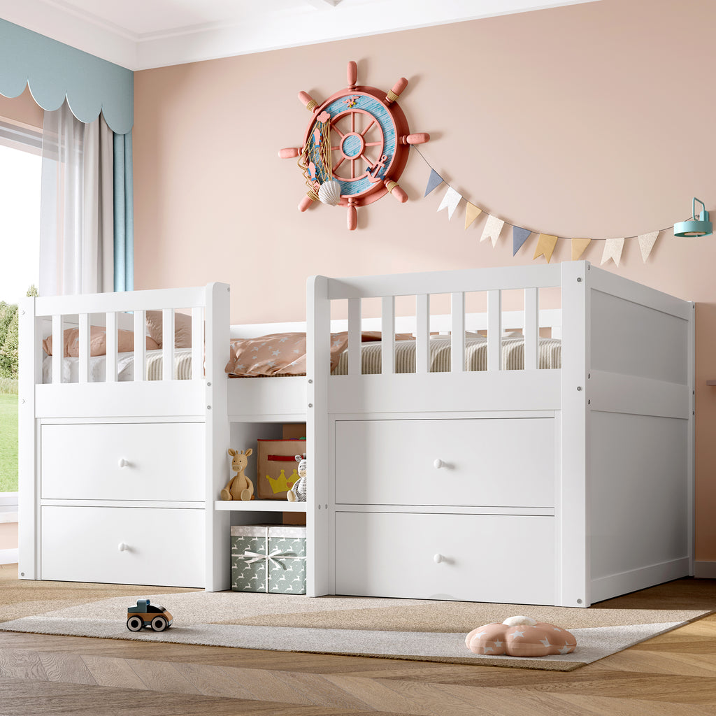 Low Loft Bed with Storage, Solid Wood Bed Frame with Drawer Storage, 3ft Single Bed with Guardrail, No Box Spring Needed, Saving-space Design for Bedroom, Modern Bed for Children, White (No Mattress)