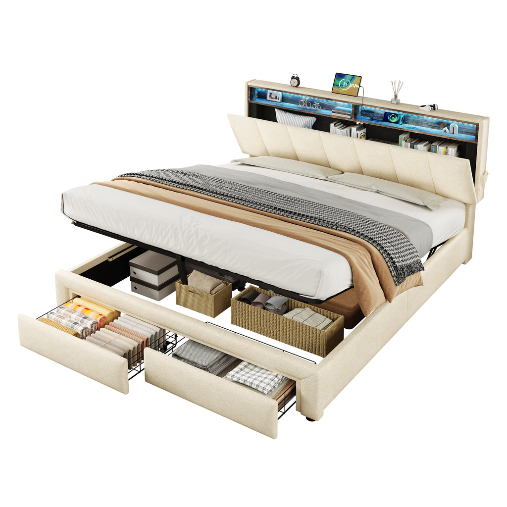Beige Linen LED Upholstered Storage Bed with charging Station parcel 3