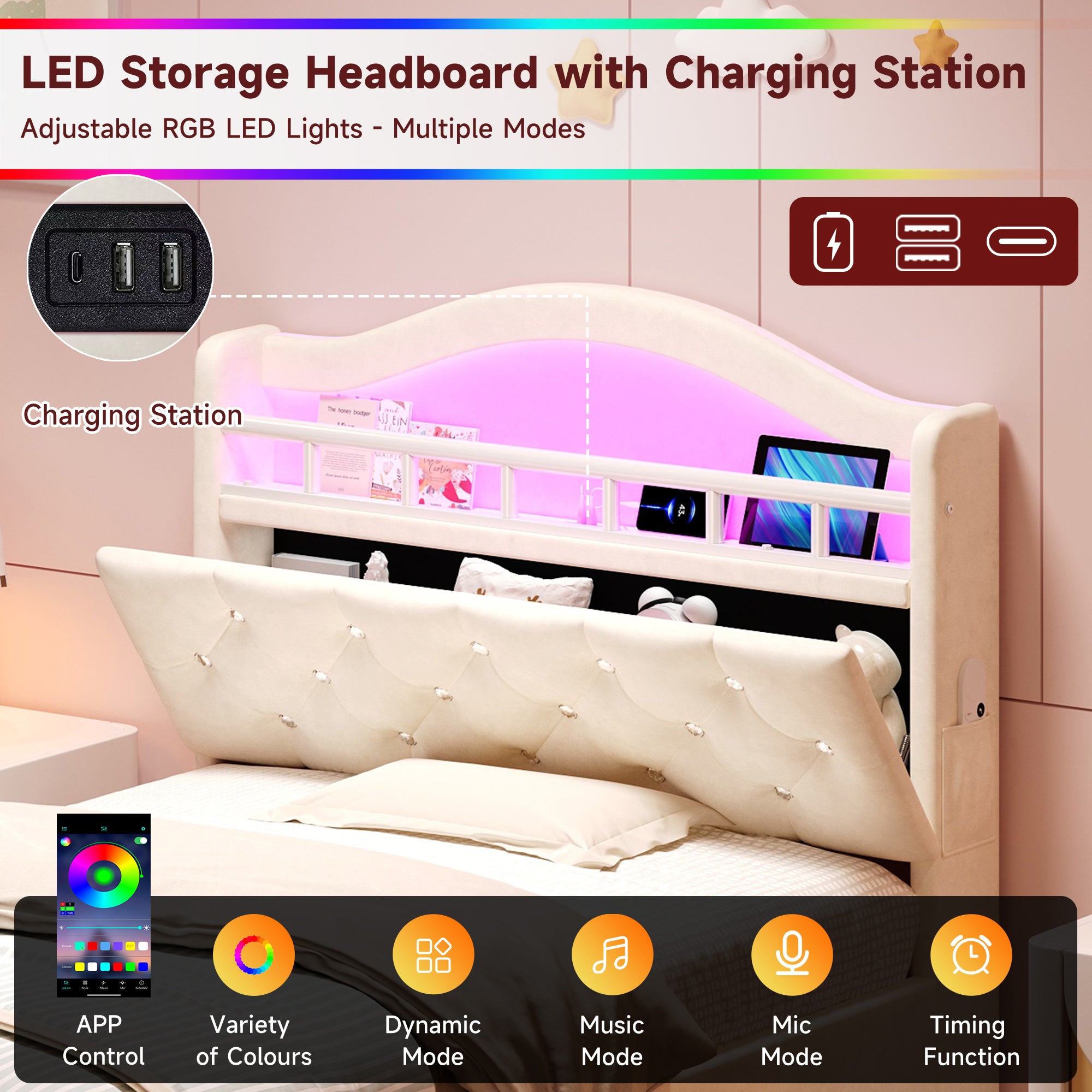 3ft Single Upholstered Velvet Bed Frame, LED Bed Frame with Charging Station & Diamond Tufted Headboard, Concealed Headboard Storage with USB and Type - C Ports, Easy Assembly, Beige (No Mattress)