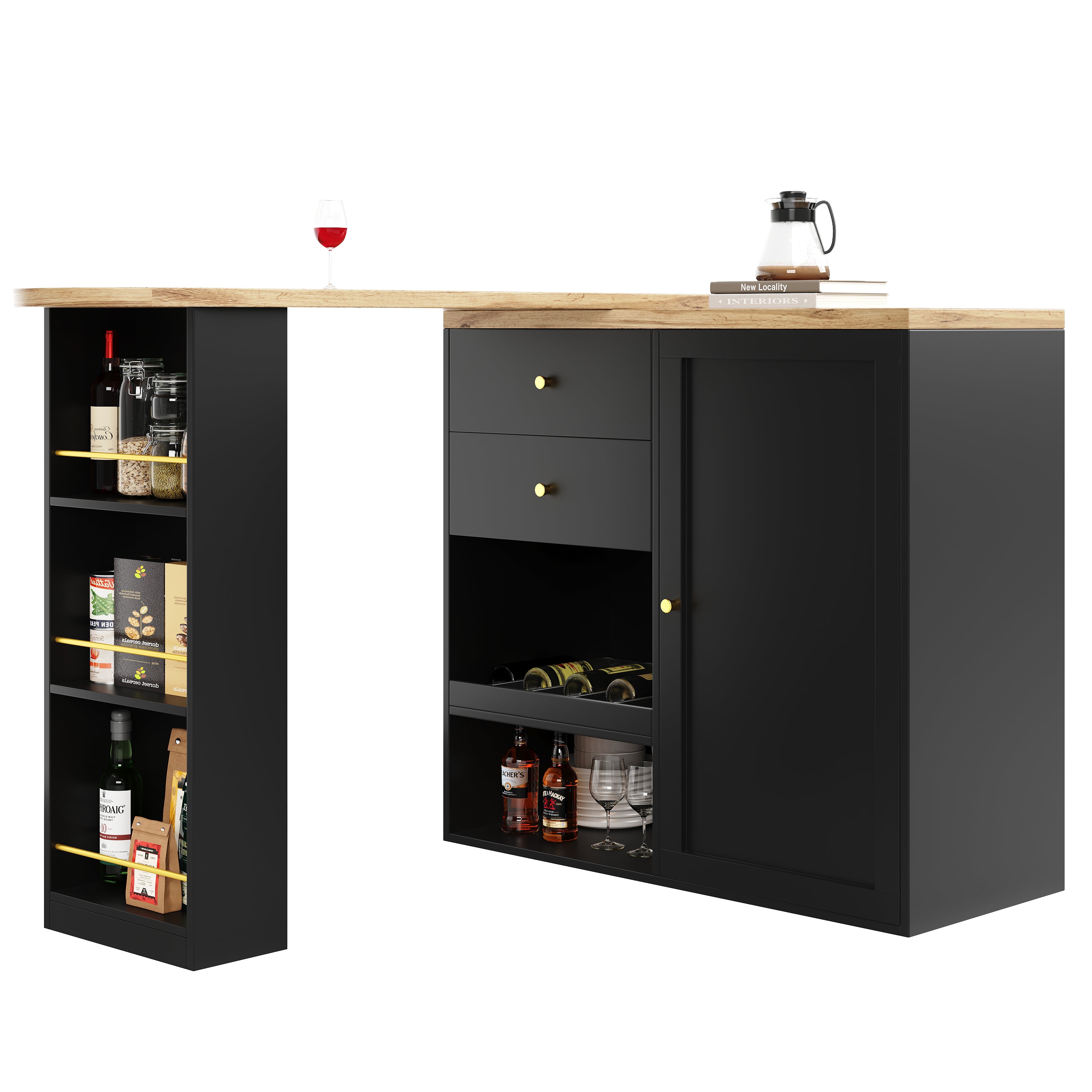 360° Swivelling Bar Table (105 x 39 x 102 cm), with 2 Drawers and Sliding Door Cabinet, 3 Levels of Open Storage Space, Suitable for Dining Room/Study/Living Room etc.