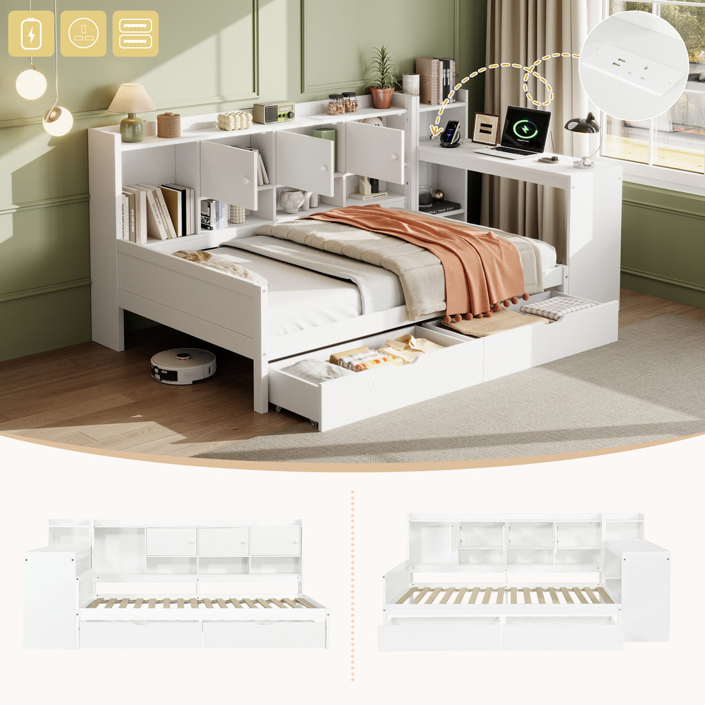 3ft Single Daybed with Storage Drawers and Bookcase, Modern Bed frame with Charging Station and Integrated Desk, Wood Bed for Living Room/ Bedroom/ Study Room, Two Assembly Methods, White(No Mattress)