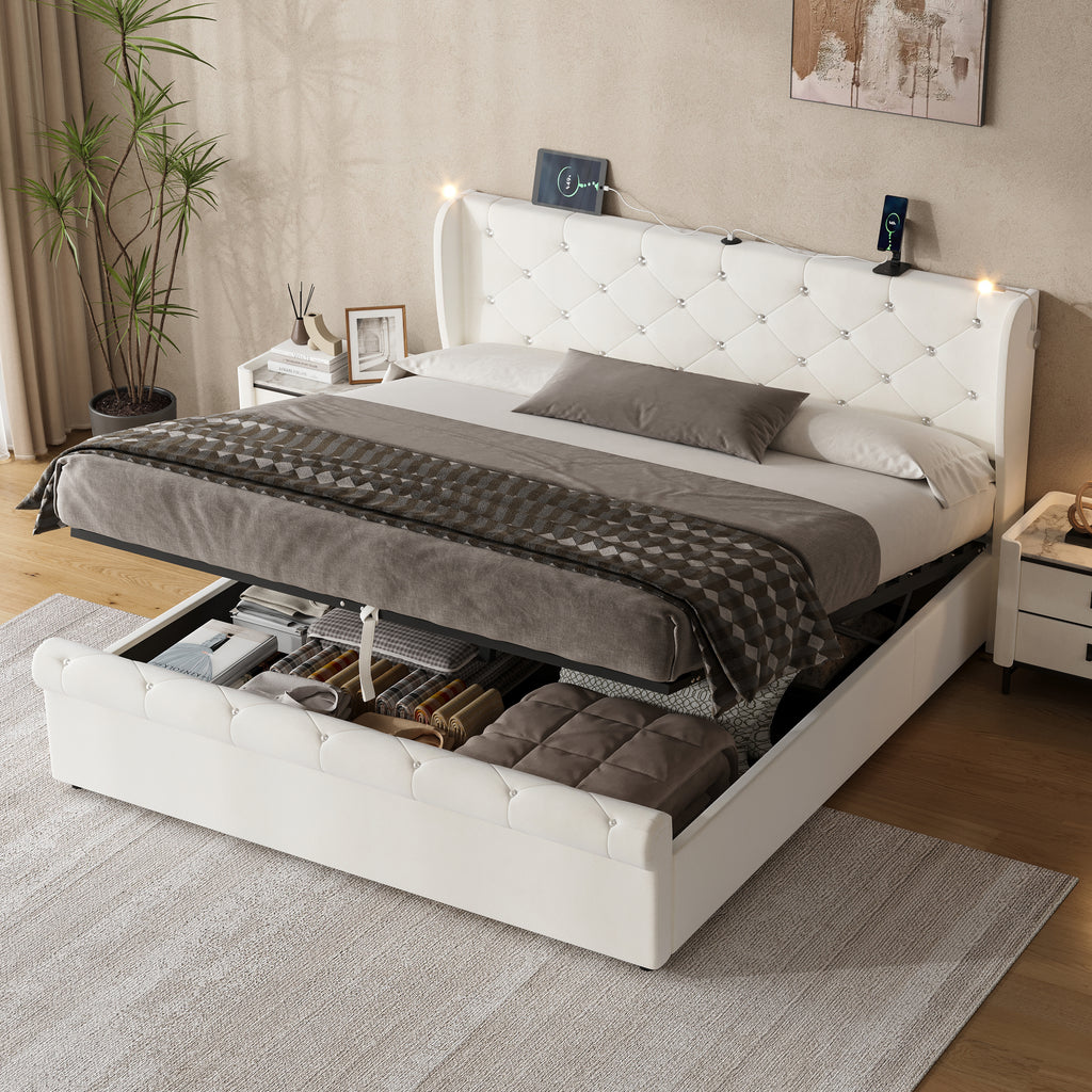 5ft King Upholstered Bed Frame with Hydraulic Storage,  Diamond Tufted Headboard with Charging Station and Reading Light, USB and Type - C Ports, Velvet, Beige (No Mattress)