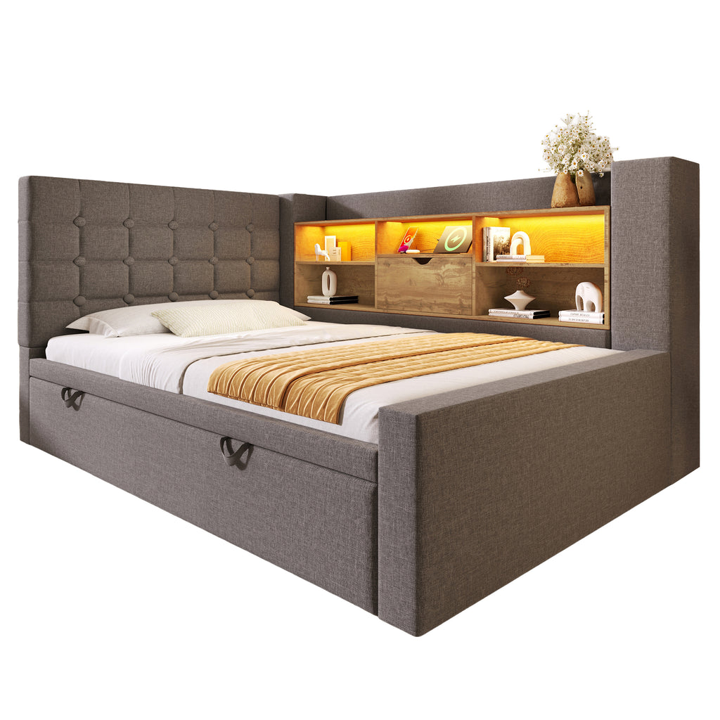 (=TT20572324G) Daybed Upholstered Bed 90 x 190 cm, 3FT Single Sofa Bed with Storage, USB &Type-C Charging Station, Pull out Trundle for Living Room and Bedroom, Linen, Grey (No Mattress)