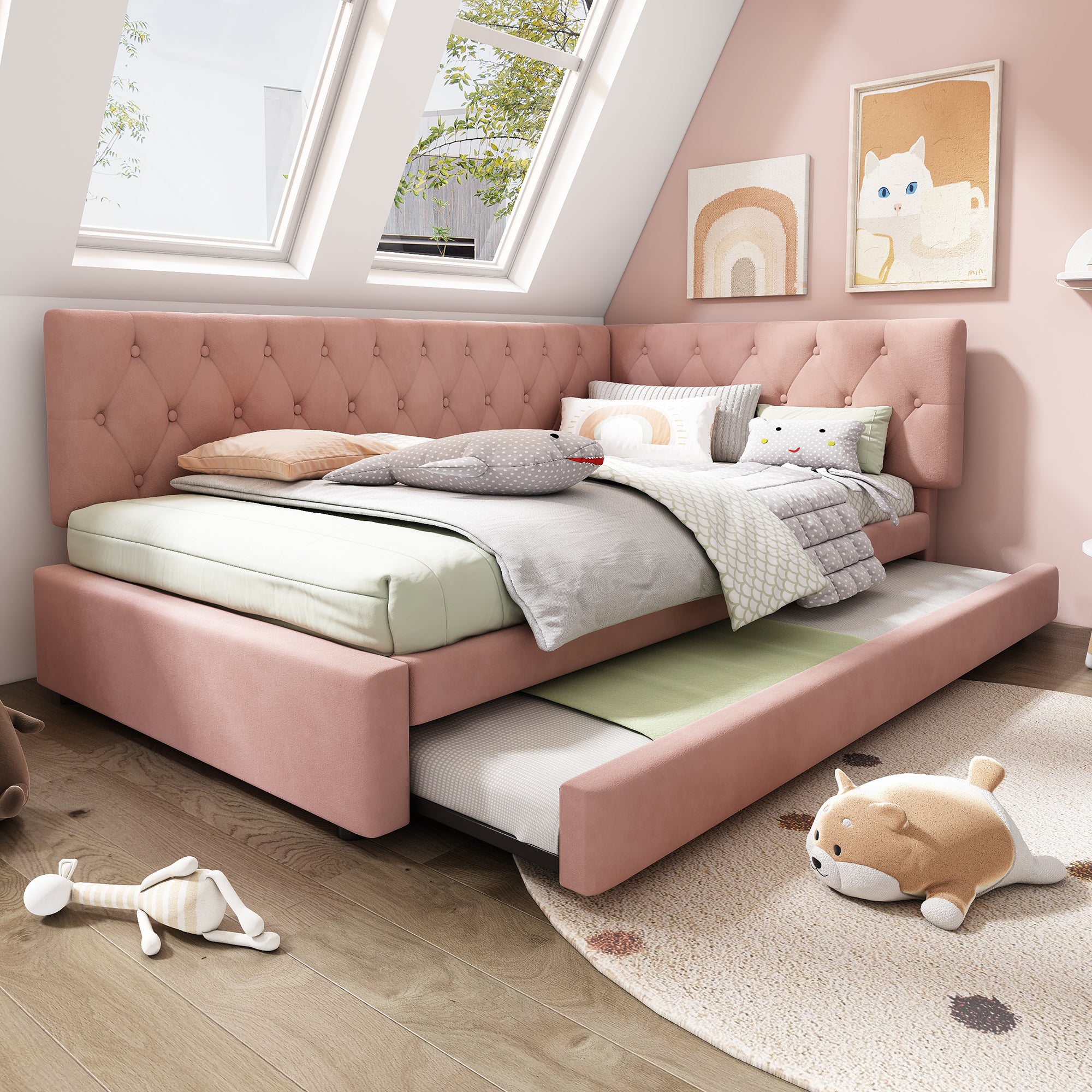 Upholstered Bed Daybed with Pull-Out Bed, 3FT Single Sofa Bed 90 x 190 cm, Ottoman Bed Trundle Beds for Adults and Kids, Bed with Slatted Frame, Velvet, Pink (No Mattress)