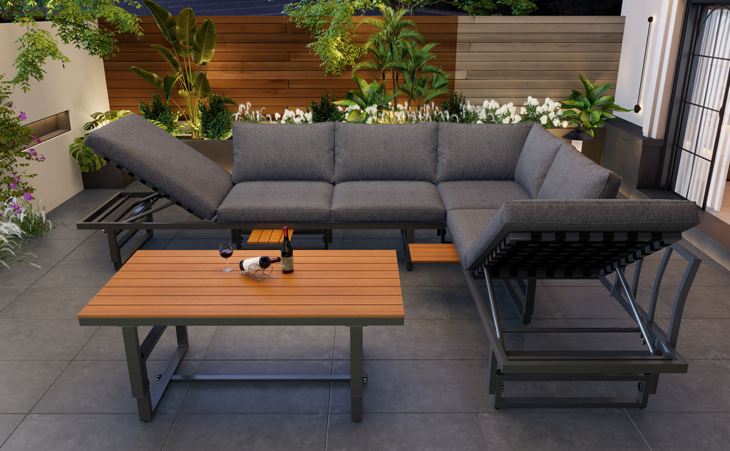 Outdoor Garden Furniture Set With 2 Sofas and Table with Galvanised Iron Frame, Adjustable Backrests, Adjustable Table, Acacia Wood, Including All Seat Cushions and Pillows, Grey