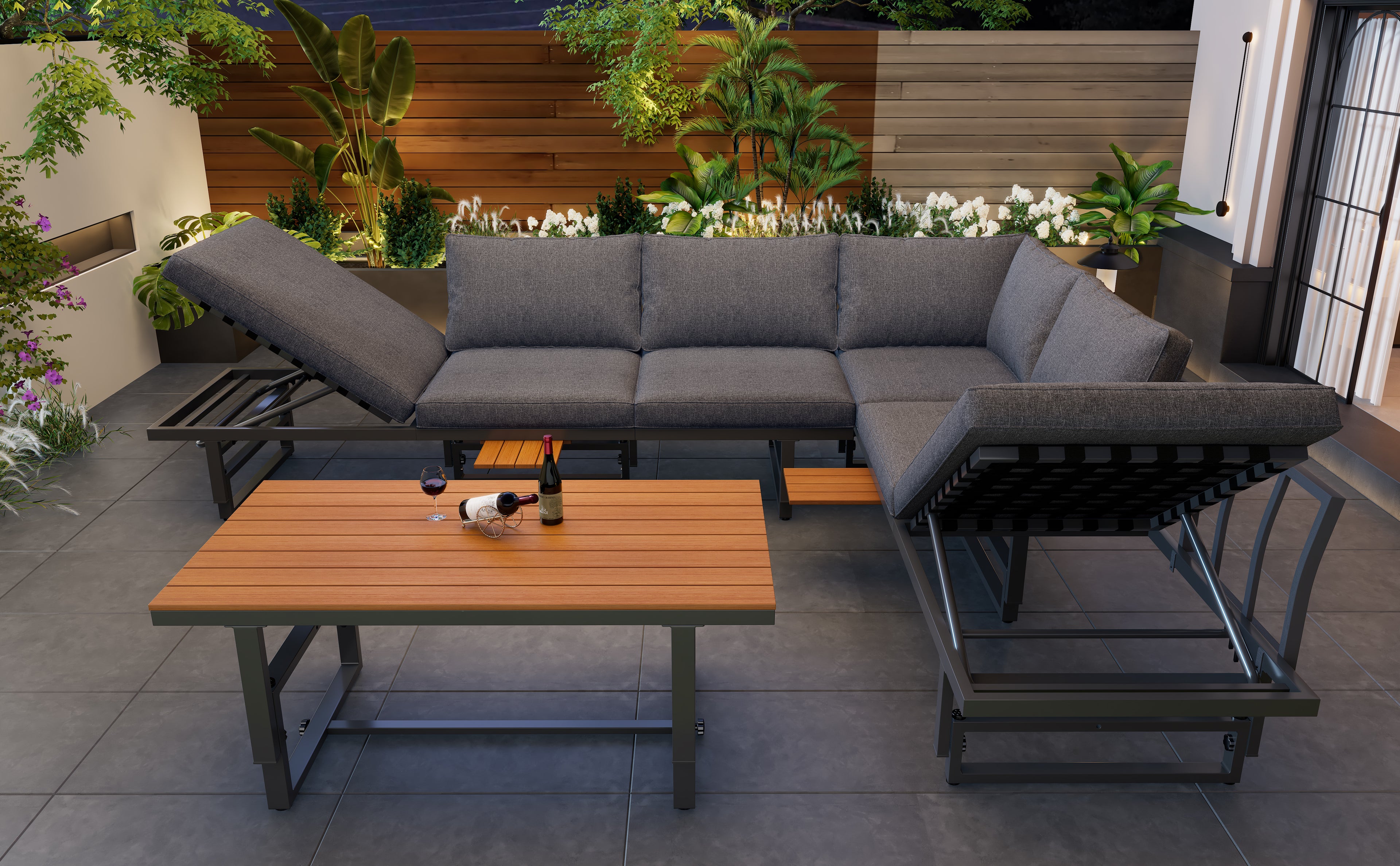 Outdoor Garden Furniture Set With 2 Sofas and Table with Galvanised Iron Frame, Adjustable Backrests, Adjustable Table, Acacia Wood, Including All Seat Cushions and Pillows, Grey