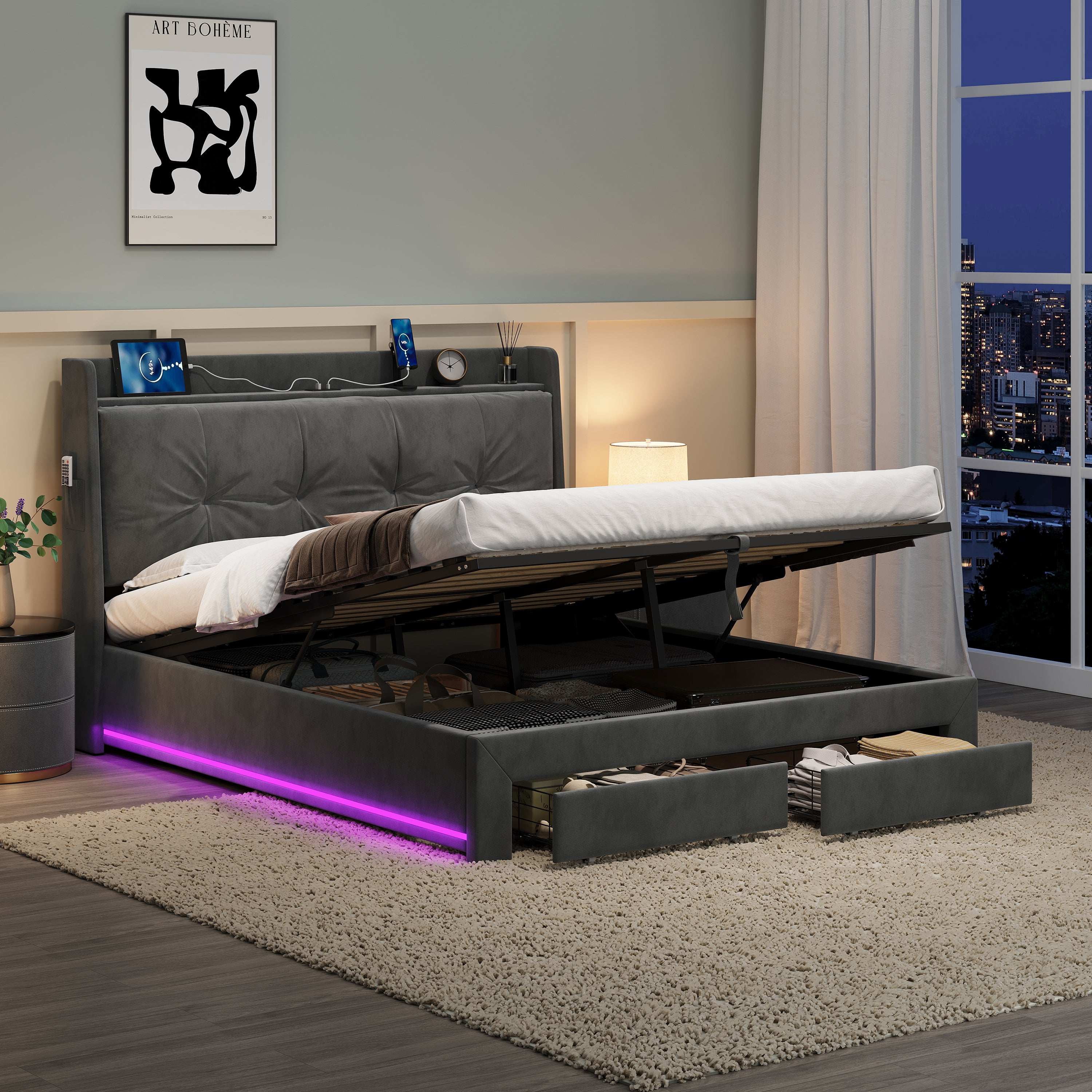 4ft6 Double Upholstered Bed Frame with Hydraulic and Drawers Storage, Back Cushion Headboard with Charging Station,  Velvet Ottoman Hydraulic Bed with RGB LED Lighting, Grey (No Mattress)