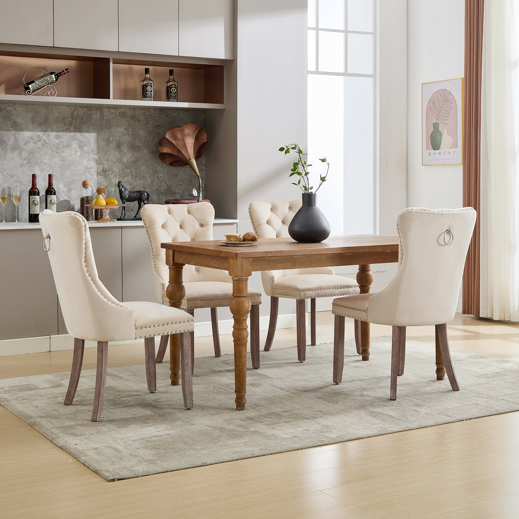Modern Set of 4 Upholstered Velvet Dining Chairs, Button Tufted Kitchen Lounge Chairs with Brushed Wood Legs, Riveted Trim and Knocker Ring, for Dining Room Living Room, Beige