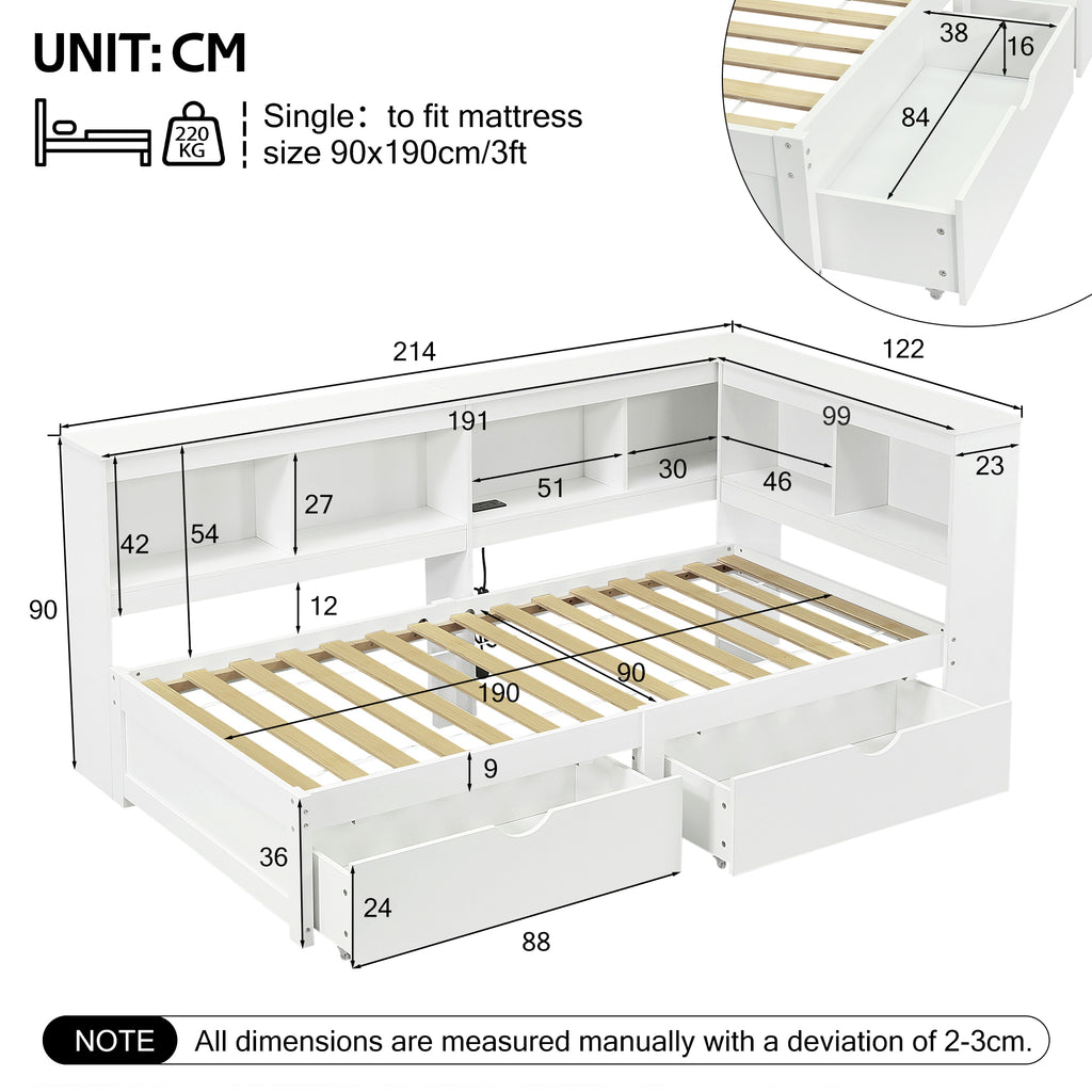 3ft Single L-Shape Daybed with Two Storage Drawers and Bookcase Storage, Modern Bed Frame with Charging Station, Wood Bed for Living Room/ Bedroom/ Study Room, 90X190cm, White (No Mattress)