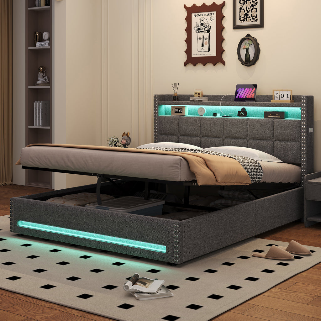 4ft6 Double Upholstered Bed with Hydraulic Storage, LED Rivet  Storage Bed with Charging Station, Button Tufted Headboard with USB and Type - C Ports, No Box Spring Needed, Linen,  Grey (No Mattress)