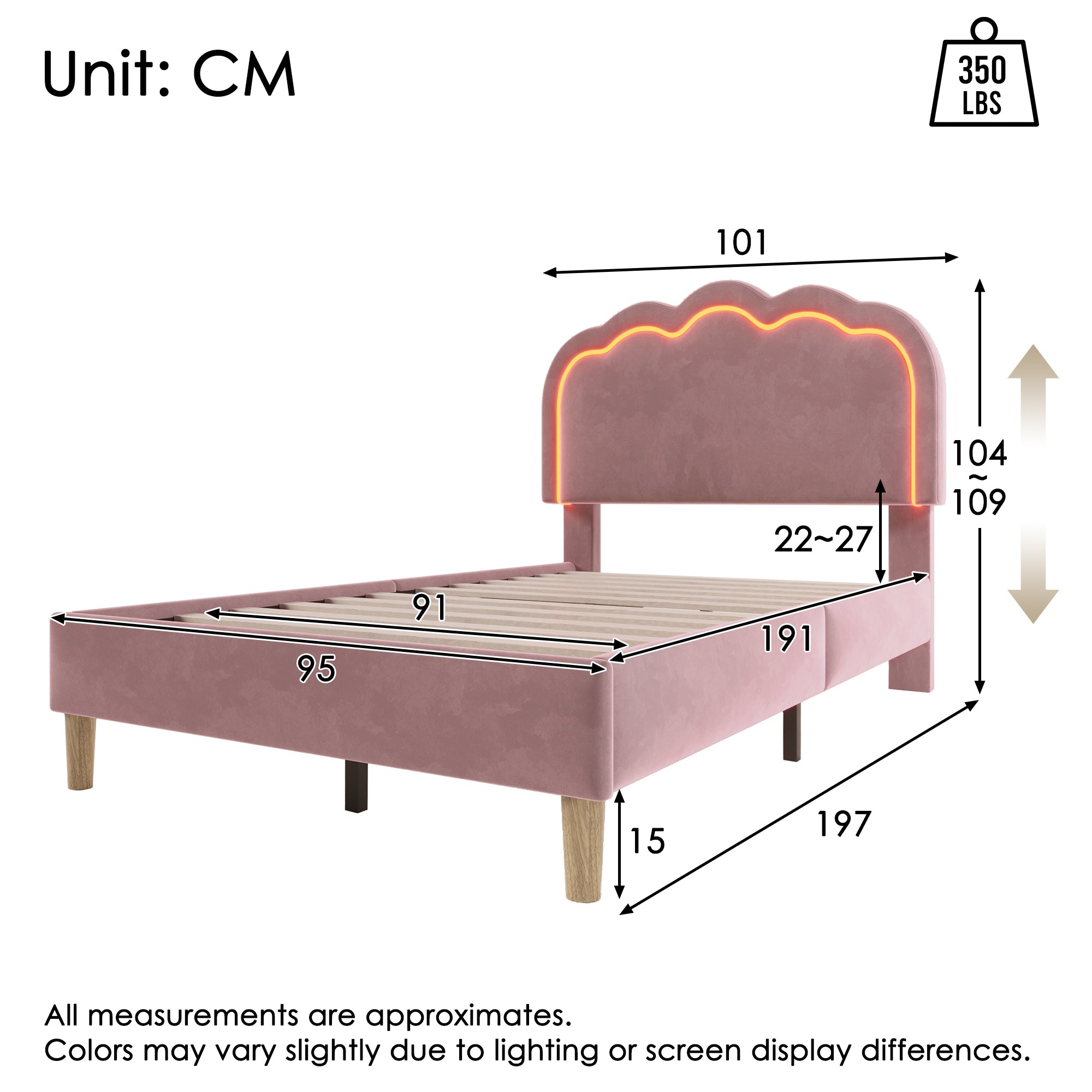 Upholstered Bed, 3ft 90x190cm Single Bed with LED, Bed Frame with Wooden Slats and Adjustable Height Headboard, Teen Bed for Bedroom and Guest Room, Pink, Velvet Material, Without Mattress.