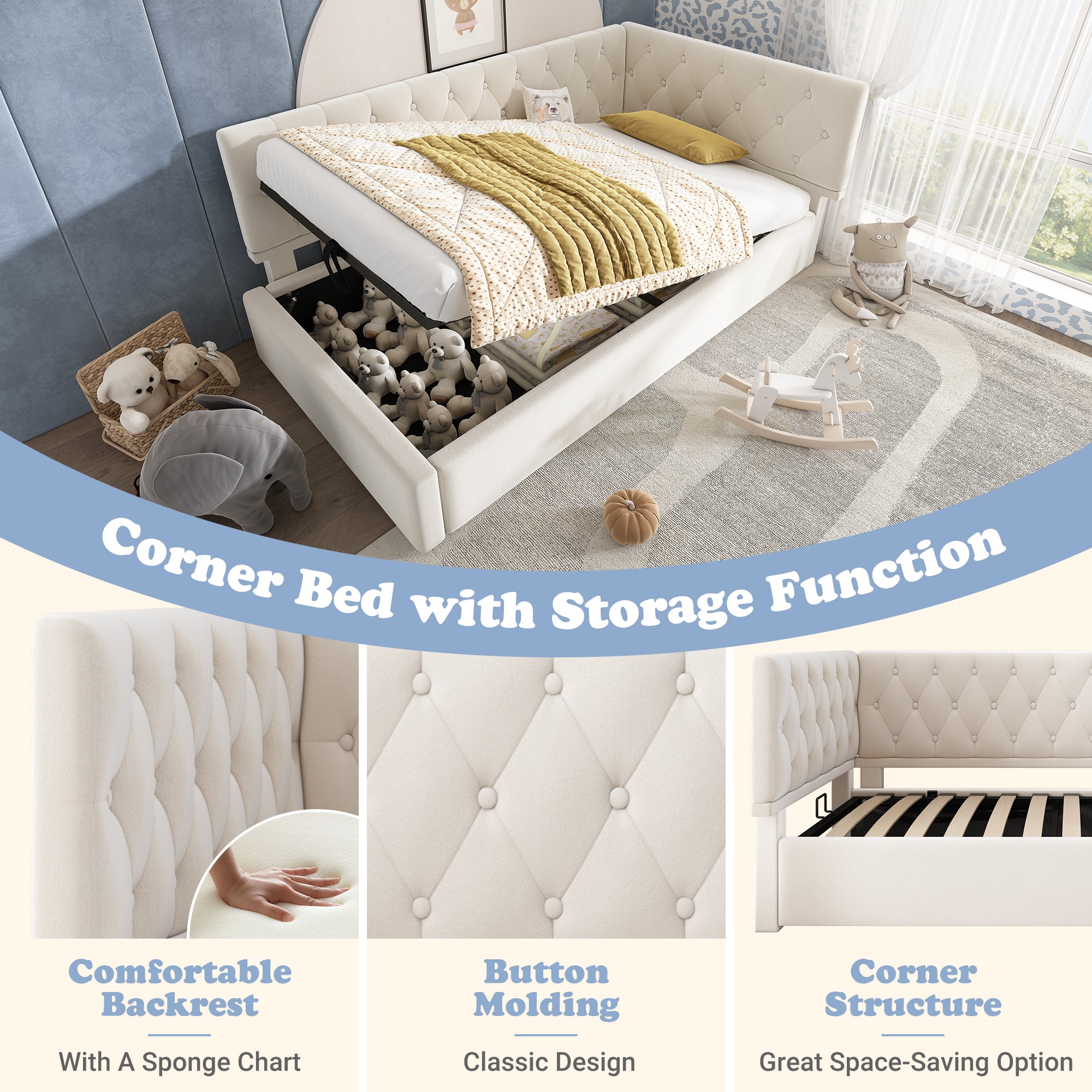 Daybed Upholstered Bed with Storage, 3FT Single Sofa Bed 90 x 190 cm, Ottoman Bed with Hydraulic Storage, Metal Slatted Bed Frame, Velvet, Beige (No Mattress)