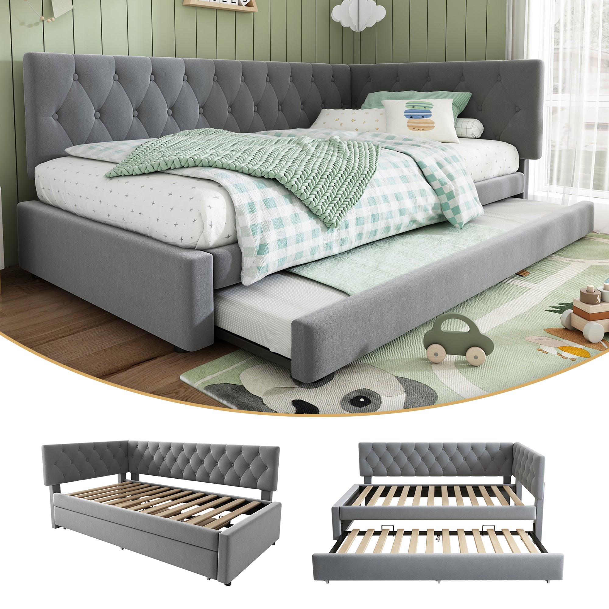 Upholstered Bed Daybed with Pull-Out Bed, 3FT Single Sofa Bed 90 x 190 cm, Ottoman Bed Trundle Beds for Adults and Kids, Bed with Slatted Frame, Velvet, Grey (No Mattress)