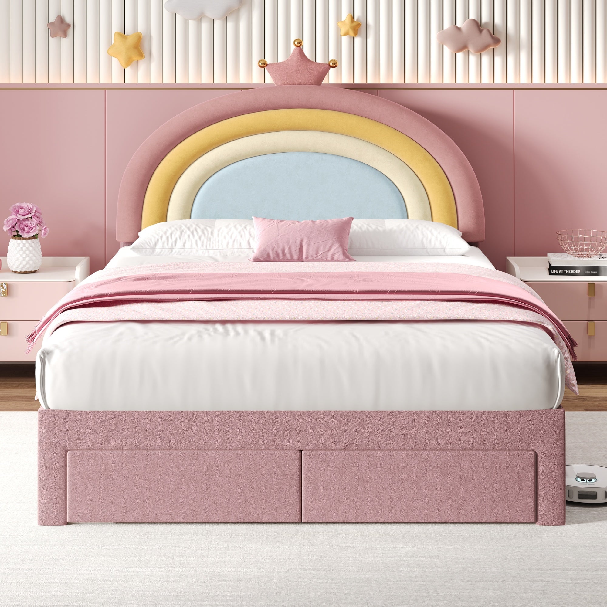 4ft6 Double Upholstered Bed with Adjustable Rainbow Headboard, Soft Velvet Bed Frame with Storage Drawer, Stylish Rainbow Headboard with Crown, No Box Spring Needed, Easy Assembly, Pink (No Mattress)