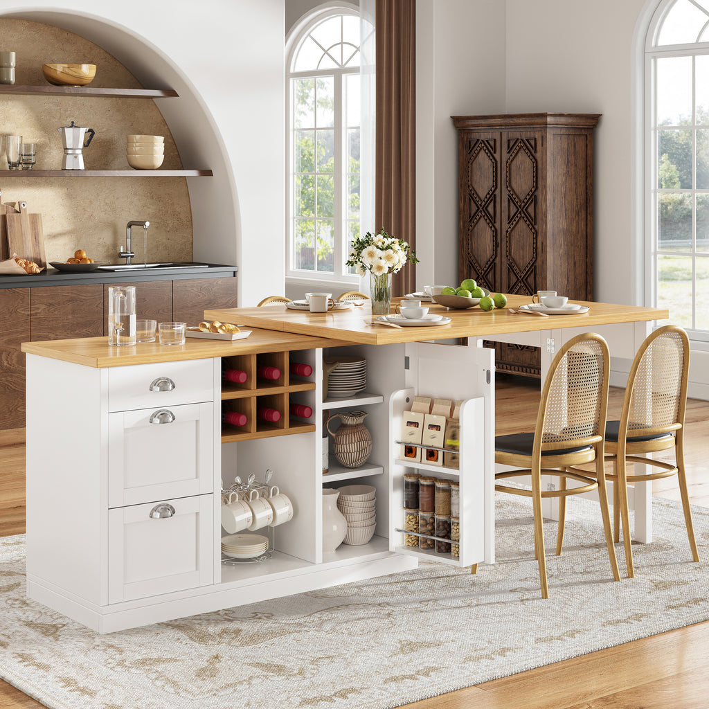 Extendable Sideboard & Dining Table Combo, 3 Drawers & Snack rack & Wine rack, Space-Saving Sideboard for Small Flats, White/Black