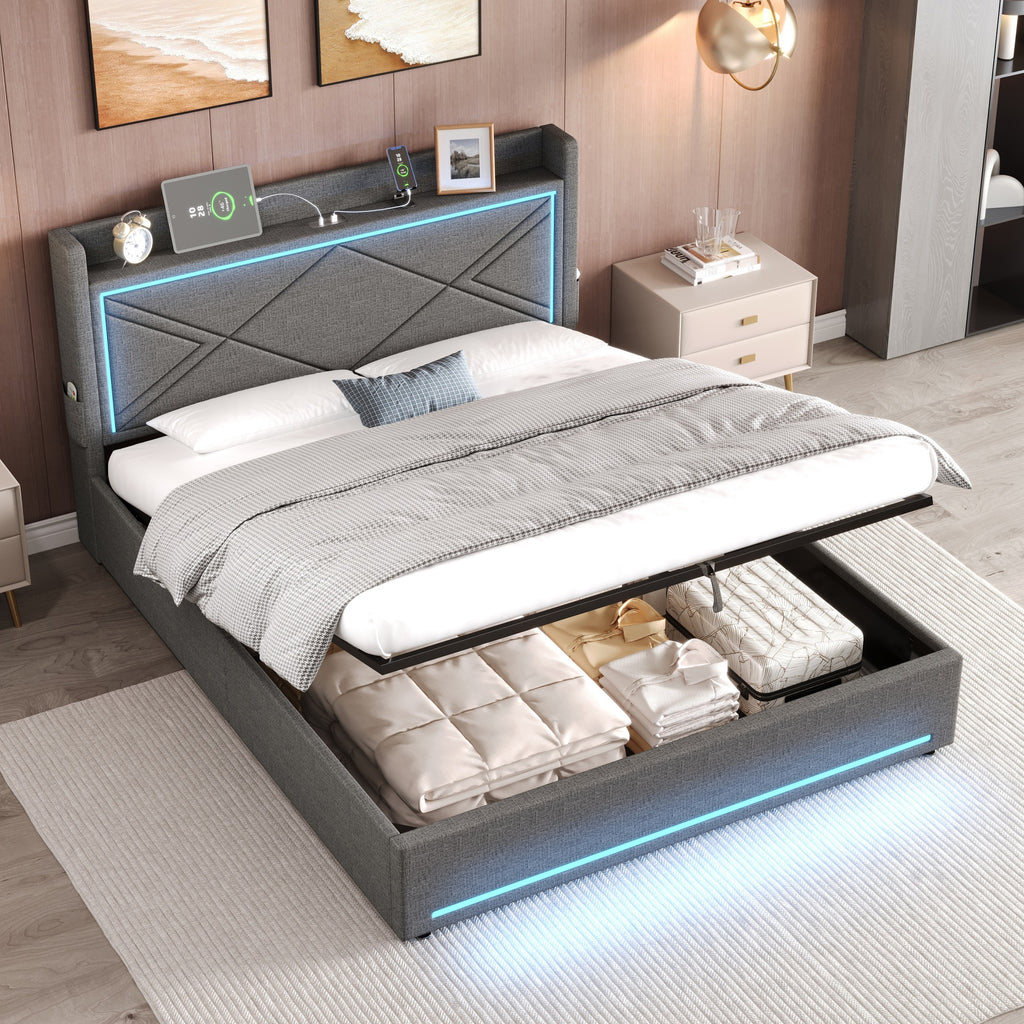 5ft King Upholstered Bed Frame with Hydraulic Storage,  Linen Ottoman Bed with LED Lighting and Charging Station, USB and Type - C Ports, No Box Spring Needed, Grey (No Mattress)