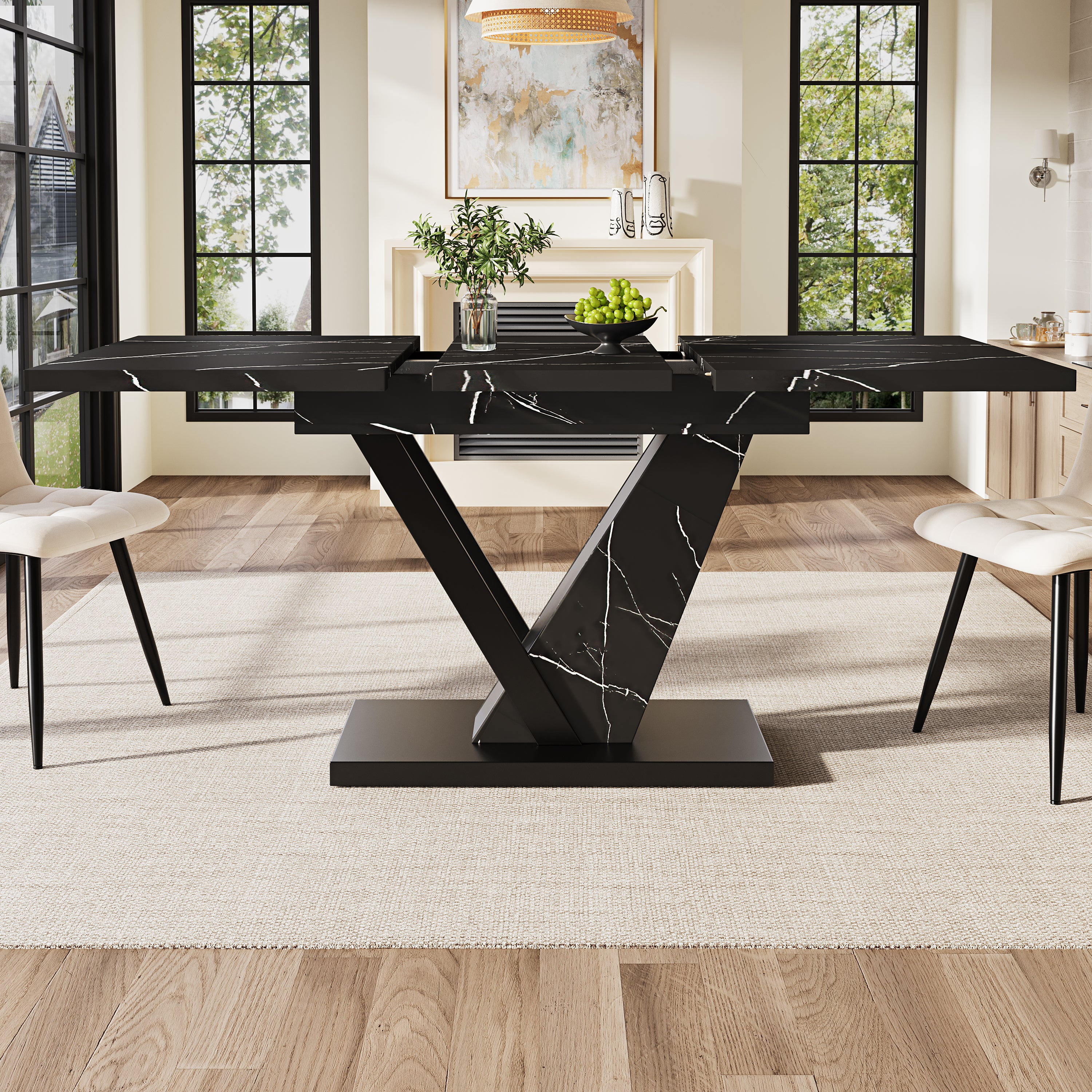 Dining table Telescopic table (120-160*75cm), extendable table, extendable to 120-160cm with the aid of internal insert panels, for kitchen and living room, dining table with black marble pattern