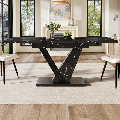 Dining table Telescopic table (120-160*75cm), extendable table, extendable to 120-160cm with the aid of internal insert panels, for kitchen and living room, dining table with black marble pattern
