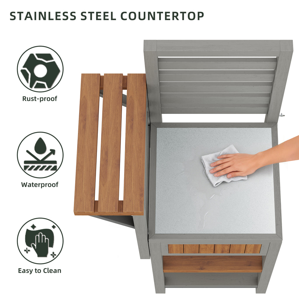 Outdoor wooden garden cabinet, weatherproof – tool shed with large stainless steel work surface and double shelf, grill station with additional storage space, weatherproof kitchen cabinet