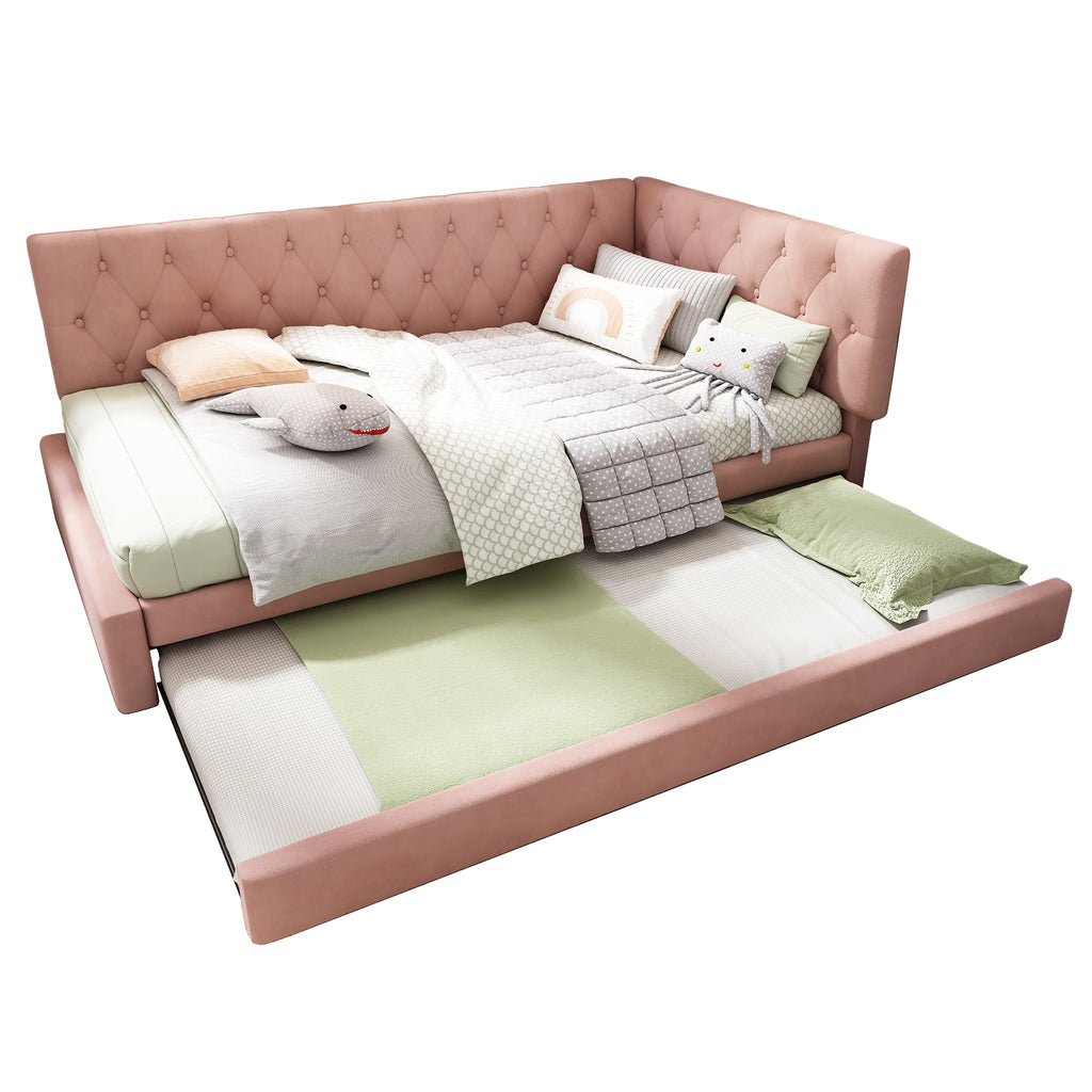 Upholstered Bed Daybed with Pull-Out Bed, 3FT Single Sofa Bed 90 x 190 cm, Ottoman Bed Trundle Beds for Adults and Kids, Bed with Slatted Frame, Velvet, Pink (No Mattress)