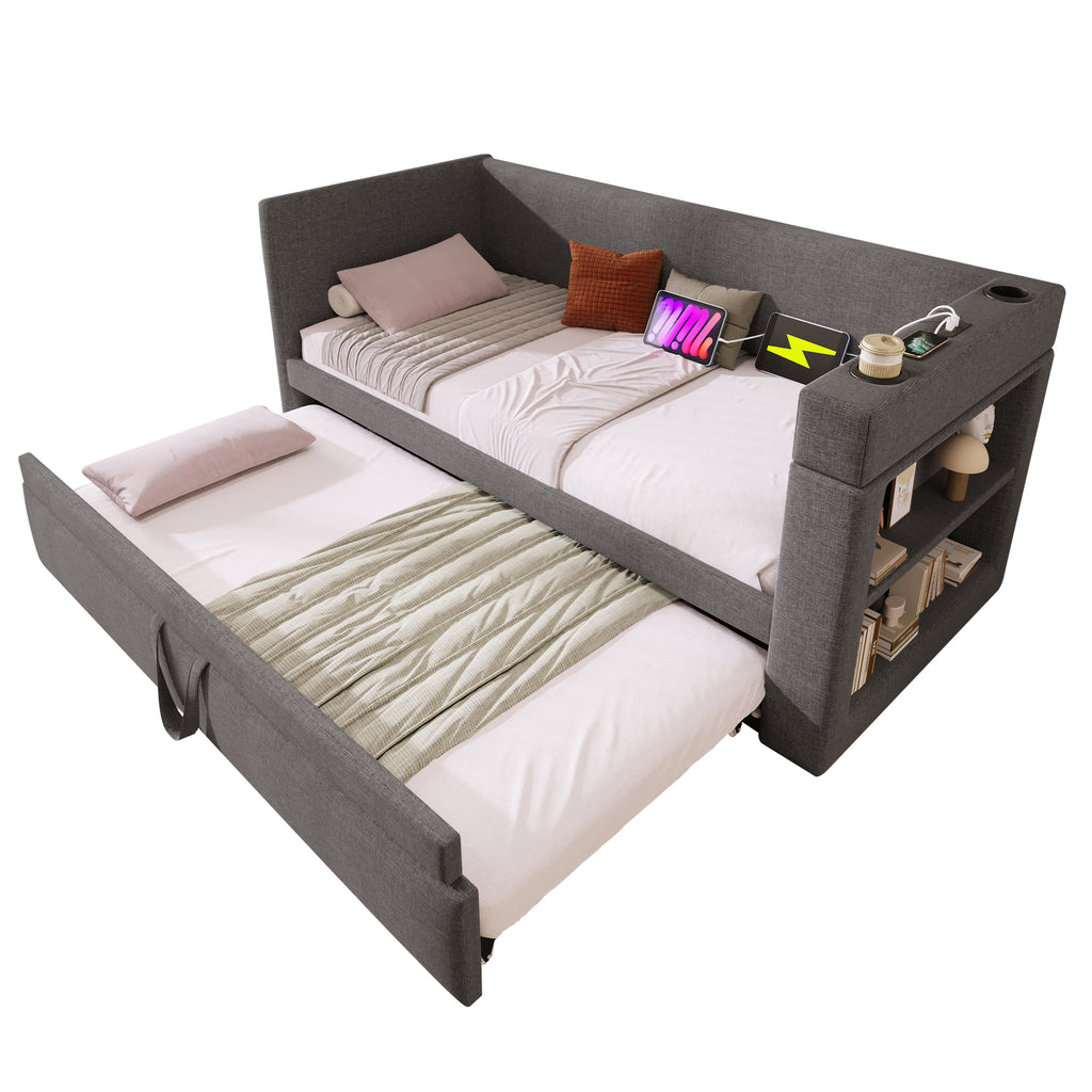 Daybed Upholstered Bed 90 x 190 cm, 3FT Single Sofa Bed with Cup Holders, USB &Type C Charging Station, Pull out Trundle for Living Room and Bedroom, Linen, Grey  (No Mattress)