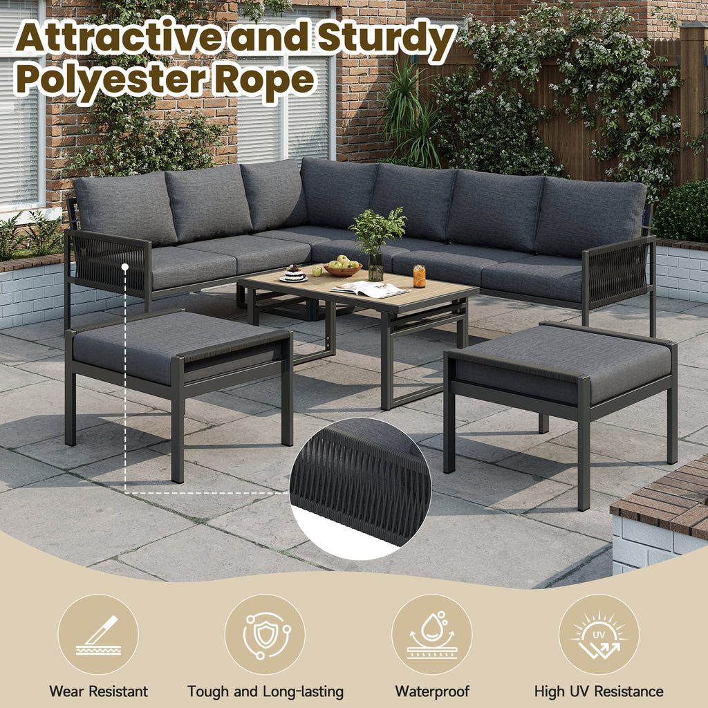 7-8 Seater Outdoor Garden Set with Height Adjustable Coffee Table and Compact Seater Stools, Corner Sofa with Polyester Rope, Weatherproof Outdoor Patio Dining Lounge Set for Balcony and Terrace, Grey