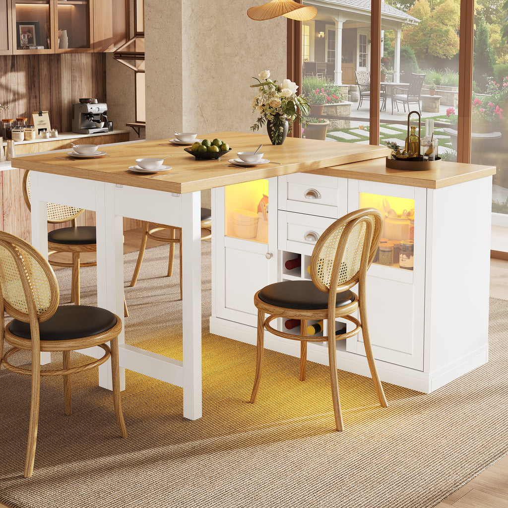 Extendable Sideboard with LED Lights, 120-197cm Adjustable Dining Table with Storage, 2 Drawers & Glass Cabinet doors, White/Black