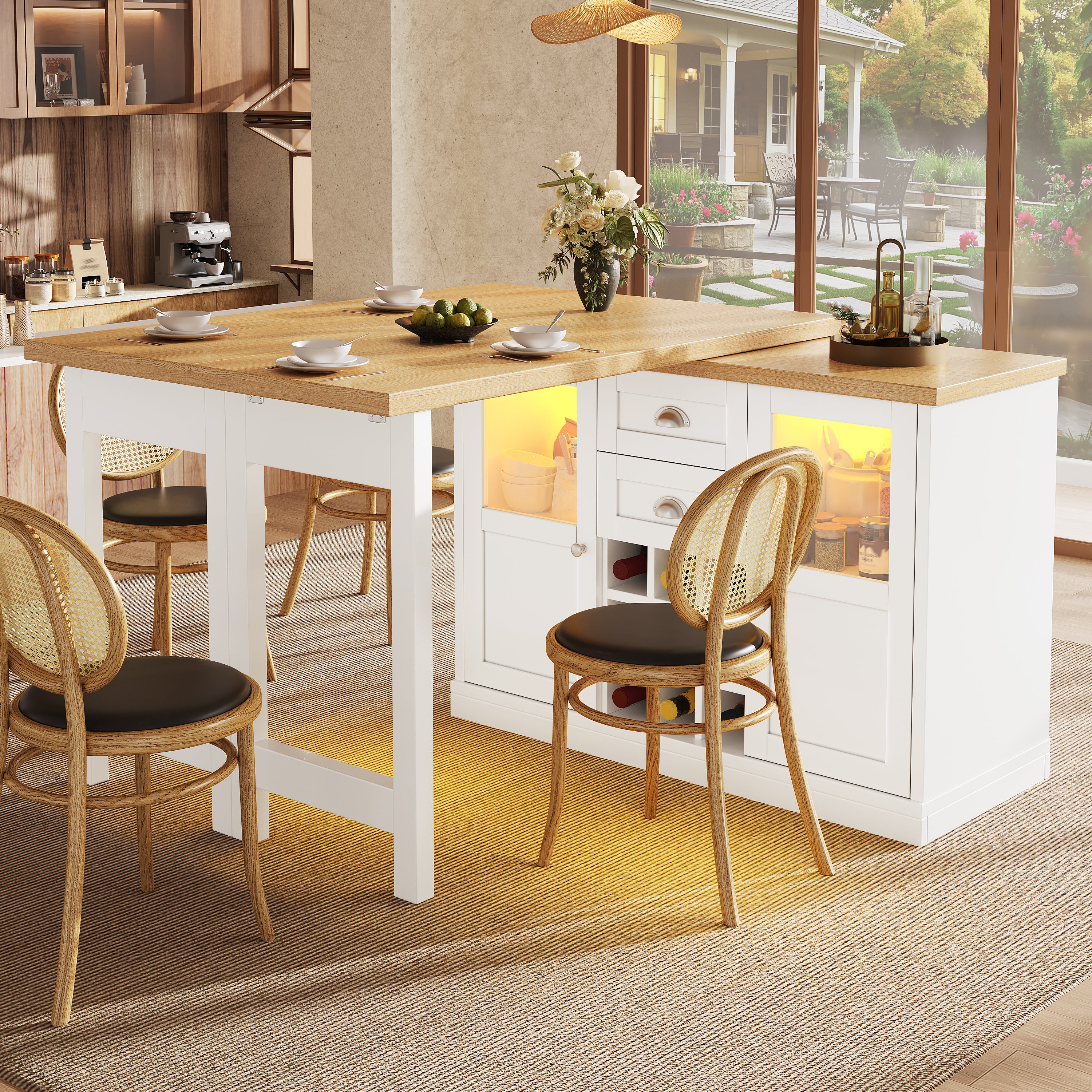 Extendable Sideboard with LED Lights, 120-197cm Adjustable Dining Table with Storage, 2 Drawers & Glass Cabinet doors, White/Black