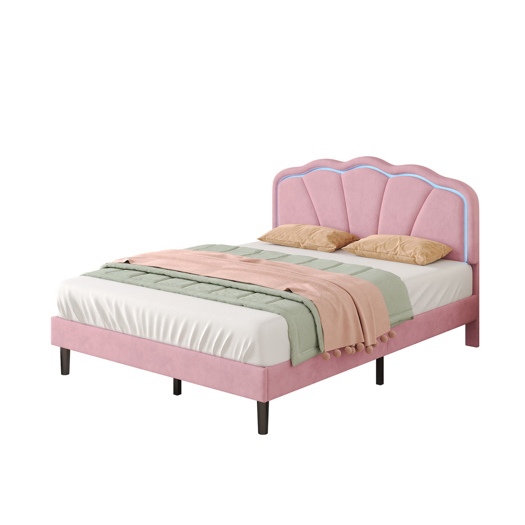 4ft6 Double Upholstered Bed with LED Adjustable Shell Shape Headboard, Soft Velvet Bed Frame with Solid Wood Slat, No Box Spring Needed, Easy Assembly, Pink (No Mattress)
