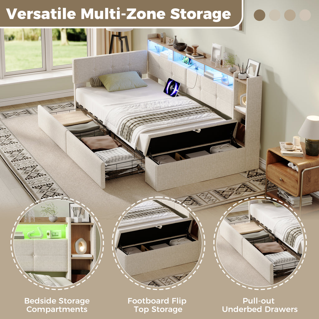 3ft Single LED Daybed with Storage Drawers and Bed End Ottoman Storage, Modern Linen Sofa Bed with Charging Station for Living Room/ Bedroom/ Study Room, 90X190cm, Beige (No Mattress)