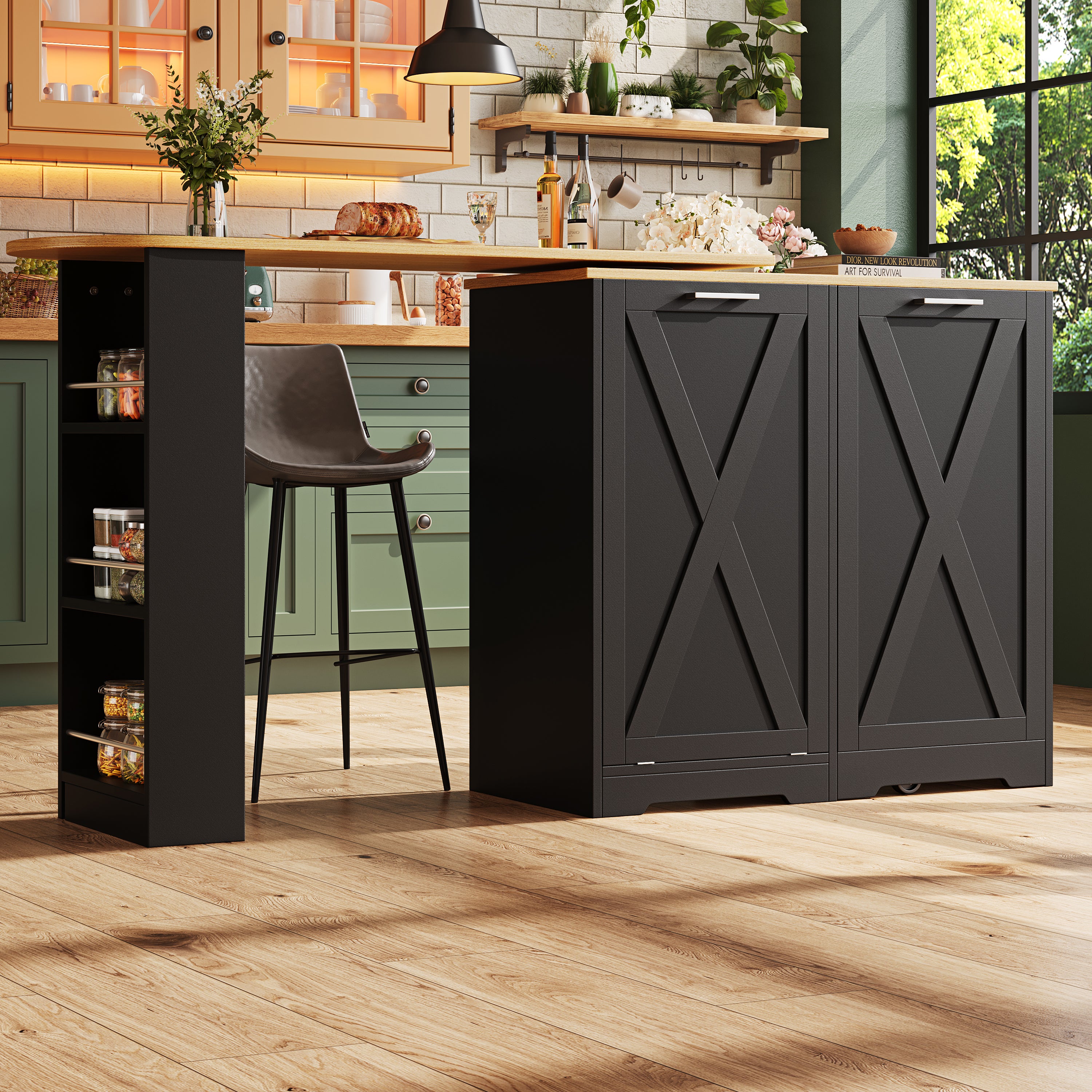 360° Rotating Kitchen Island, Modern Minimalist, Multifunctional Storage Cabinet, Ideal for Bedroom Living Room Dining Room, Swivel Sideboard with Side Shelves, Black Finish, Folding Door Design