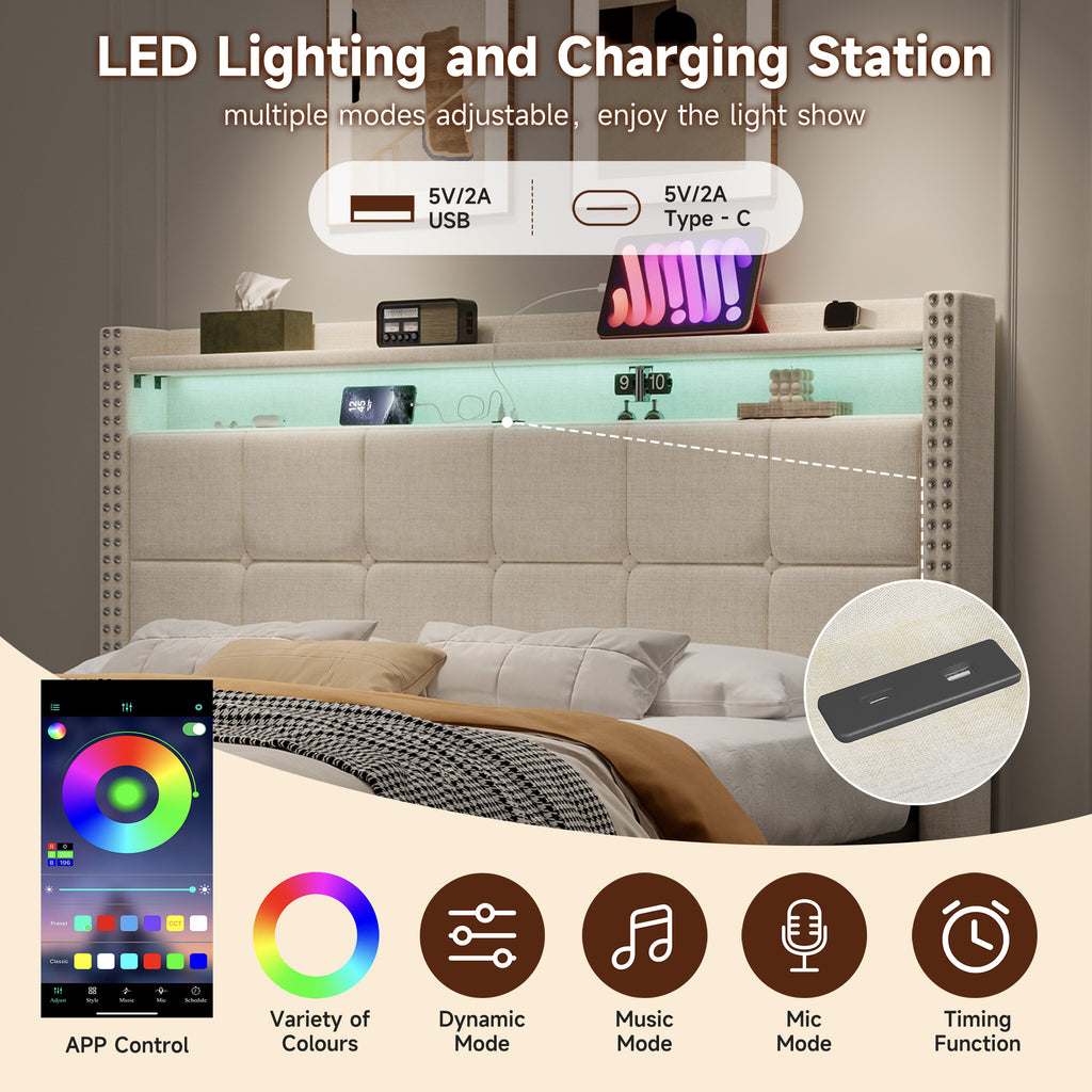 4ft6 Double Upholstered Bed with 4 Storage Drawers, LED Rivet  Storage Bed with Charging Station, Button Tufted Headboard with USB and Type-C Ports, No Box Spring Needed, Linen, Beige (No Mattress)