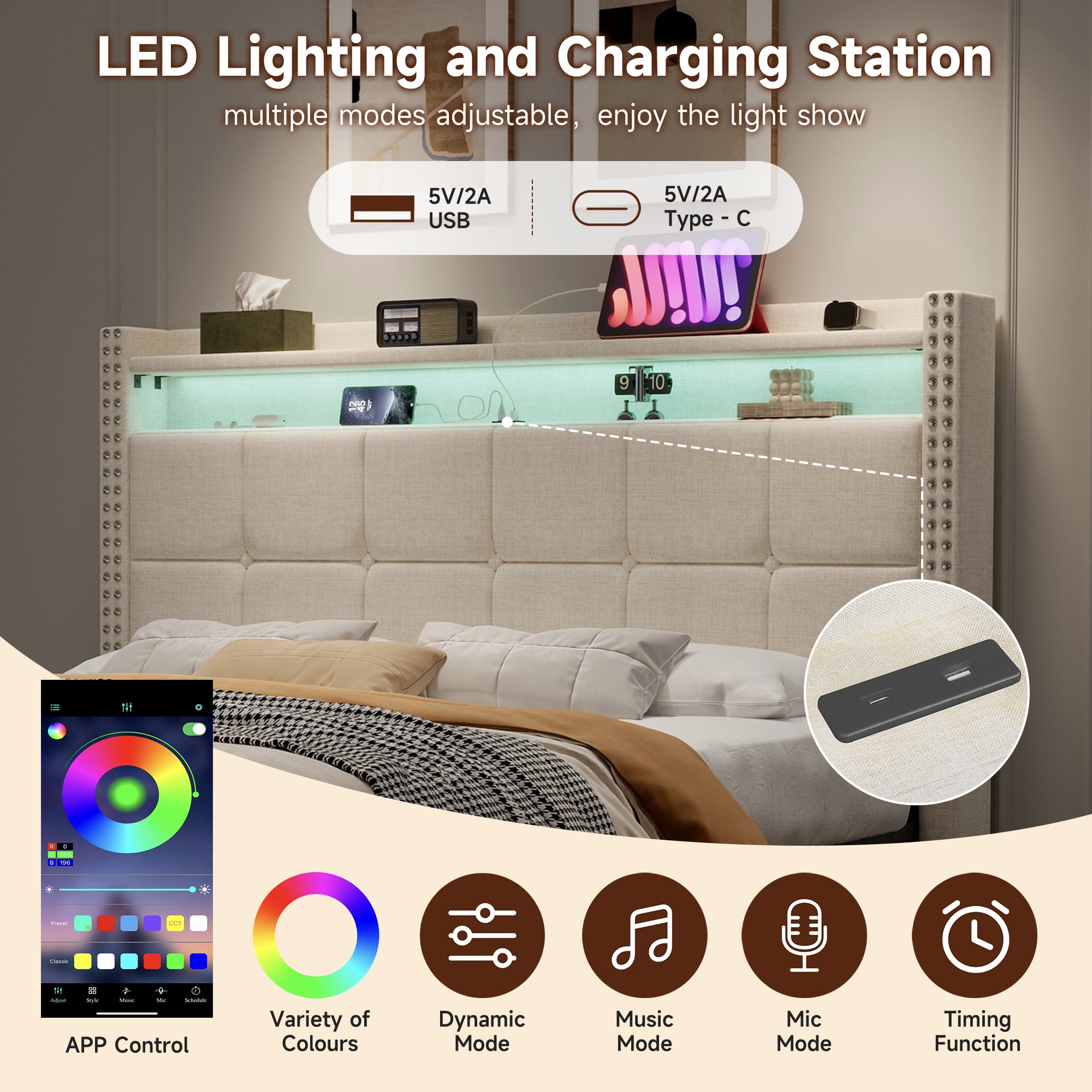 4ft6 Double Upholstered Bed with 4 Storage Drawers, LED Rivet  Storage Bed with Charging Station, Button Tufted Headboard with USB and Type-C Ports, No Box Spring Needed, Linen, Beige (No Mattress)