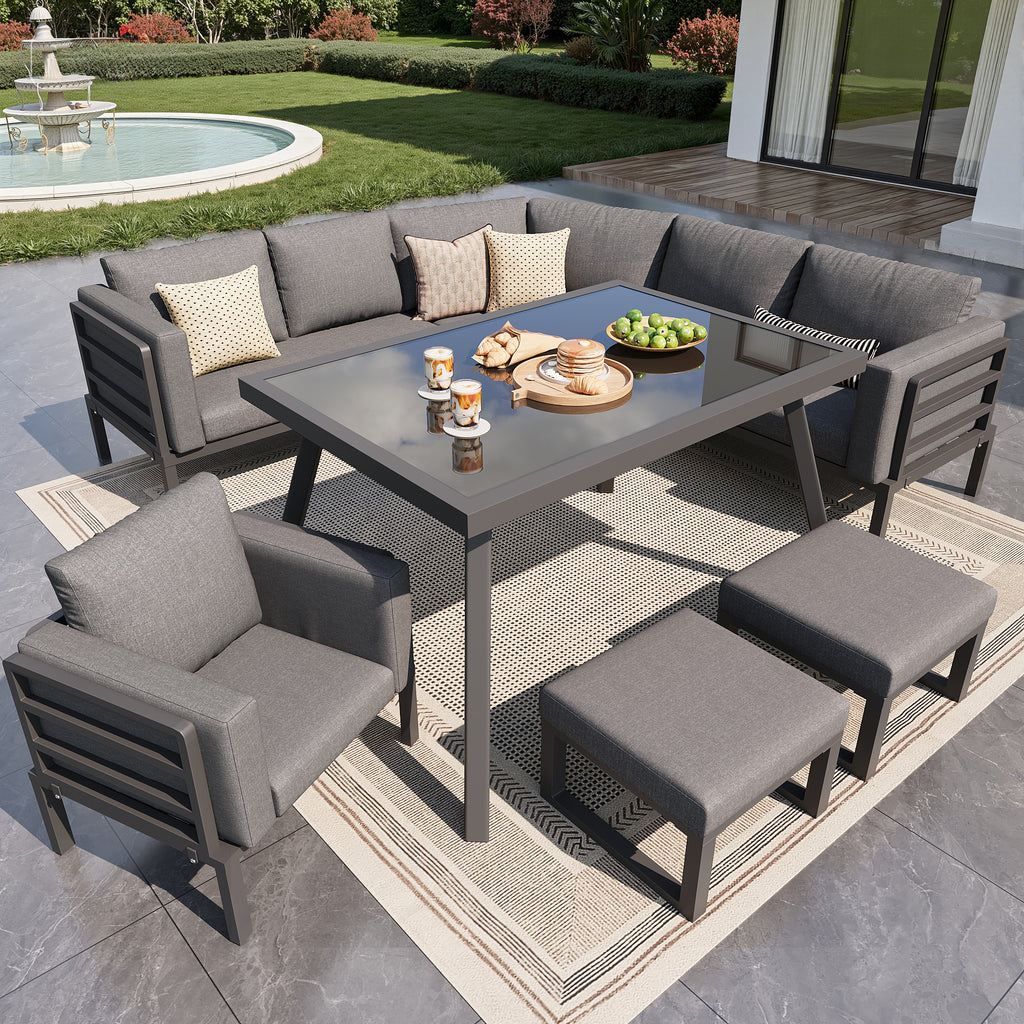 Crescent-shaped garden sofa set for 8 people / Sturdy iron frame with grey cushions / Complete with glass table, 1 armchair & 2 stools / Weatherproof patio furniture for balcony