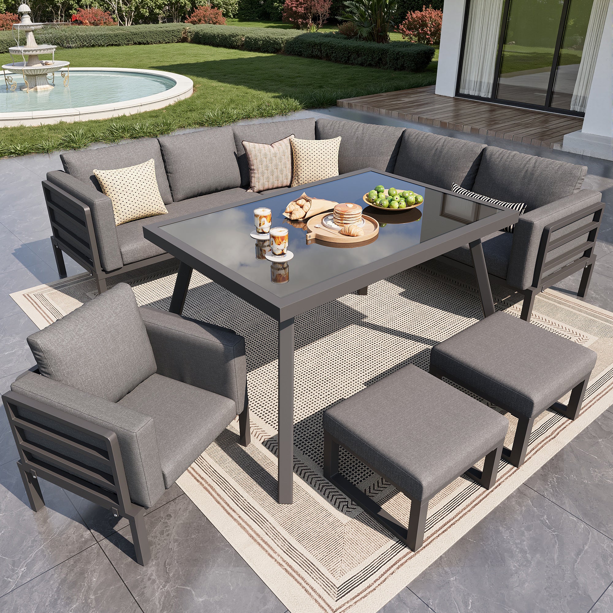 Crescent-shaped garden sofa set for 8 people / Sturdy iron frame with grey cushions / Complete with glass table, 1 armchair & 2 stools / Weatherproof patio furniture for balcony