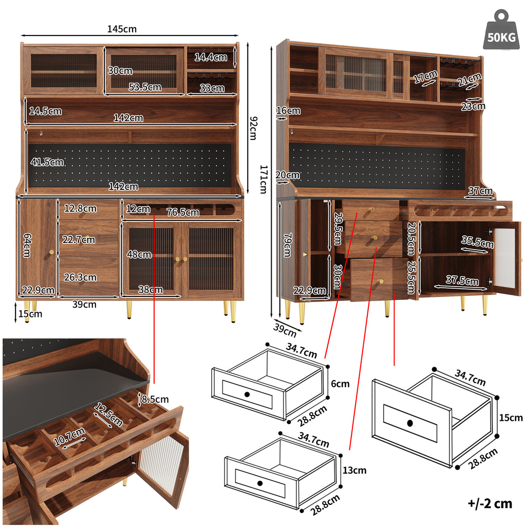 Highboard with Adjustable Shelves & LED Lights, Freestanding Storage Unit for Living Room Kitchen Dining, Tall cabinet with wine rack, Dimensions 145x39x171cm,Walnut color