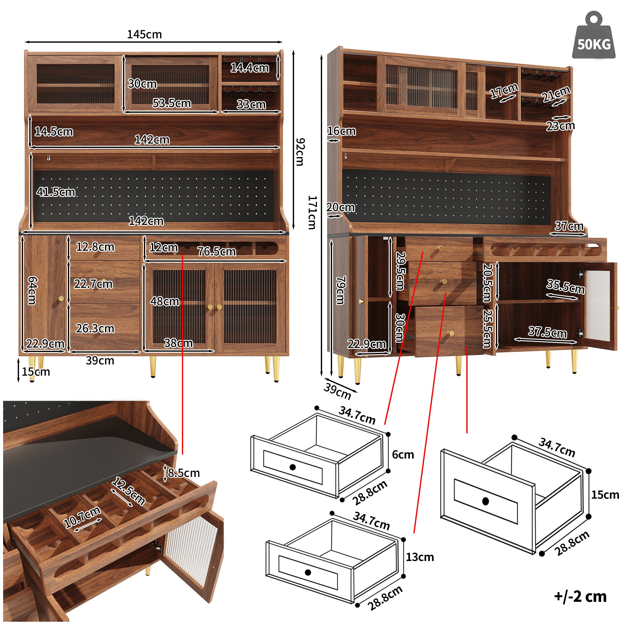 Highboard with Adjustable Shelves & LED Lights, Freestanding Storage Unit for Living Room Kitchen Dining, Tall cabinet with wine rack, Dimensions 145x39x171cm,Walnut color