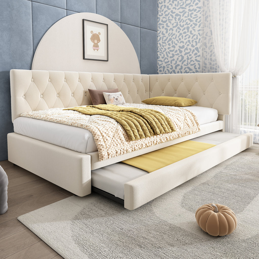Upholstered Bed Daybed with Pull-Out Bed, 3FT Single Sofa Bed 90 x 190 cm, Ottoman Bed Trundle Beds for Adults and Kids, Bed with Slatted Frame, Velvet, Beige (No Mattress)
