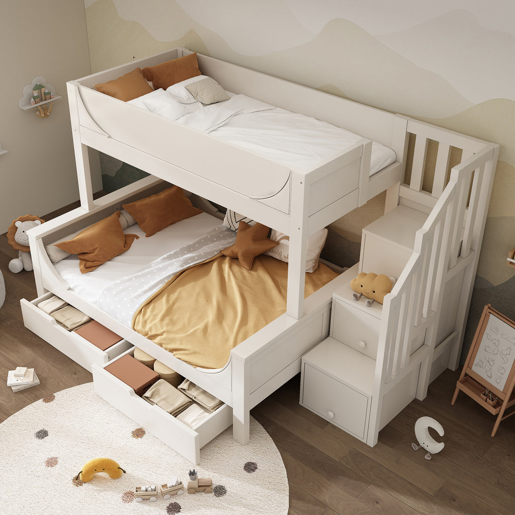 Bunk Beds for Kids, Staircase Bunk with Drawers and Storage, Children's Bed with Storage Unit, Double Bunk Bed for Family with Multiple Children, (90+135) x 190 cm, Solid Wood, White