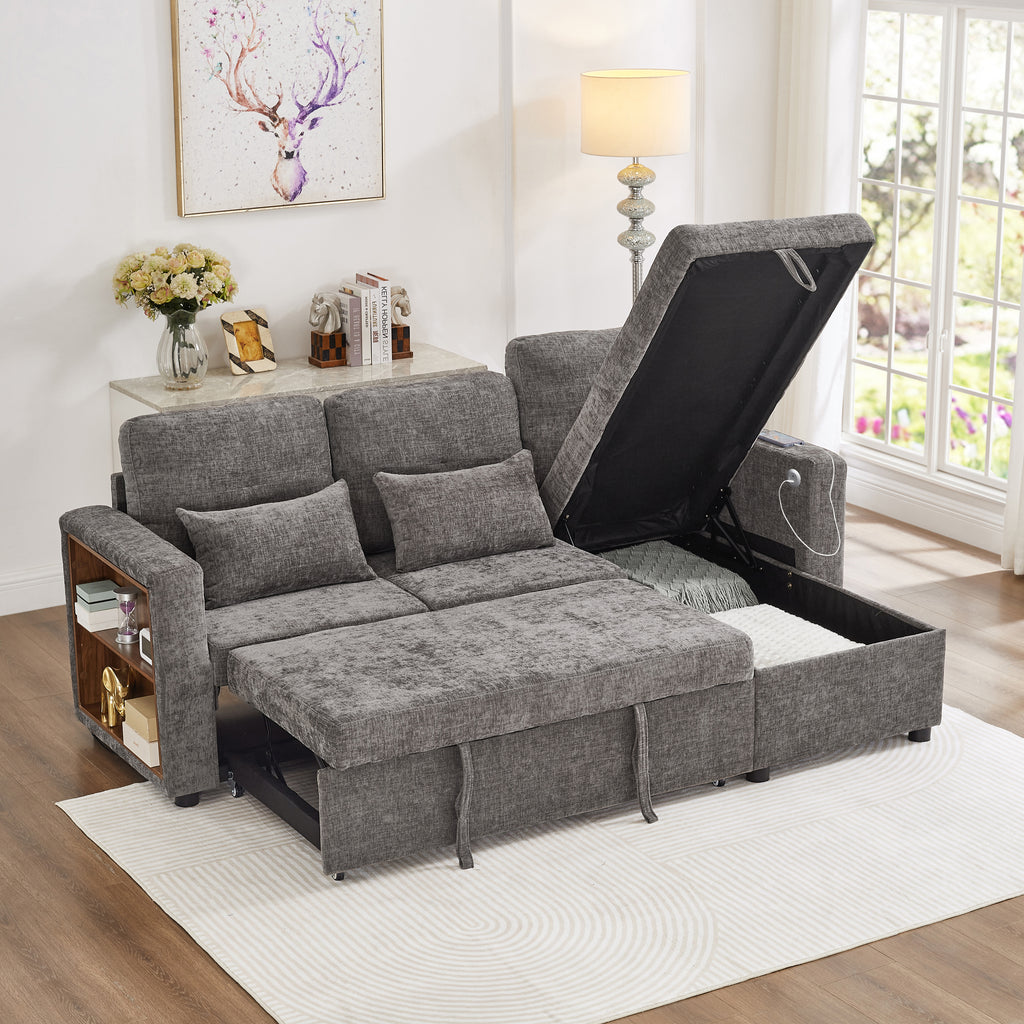 3-in-1 Convertible Chenille Sectional Sofa Bed with Convertible Storage Chaise, L-Shaped Sleeper Sofa with Integrated Charging Station and Adjustable Armrest Side Storage, USB & Type-C Ports, Grey