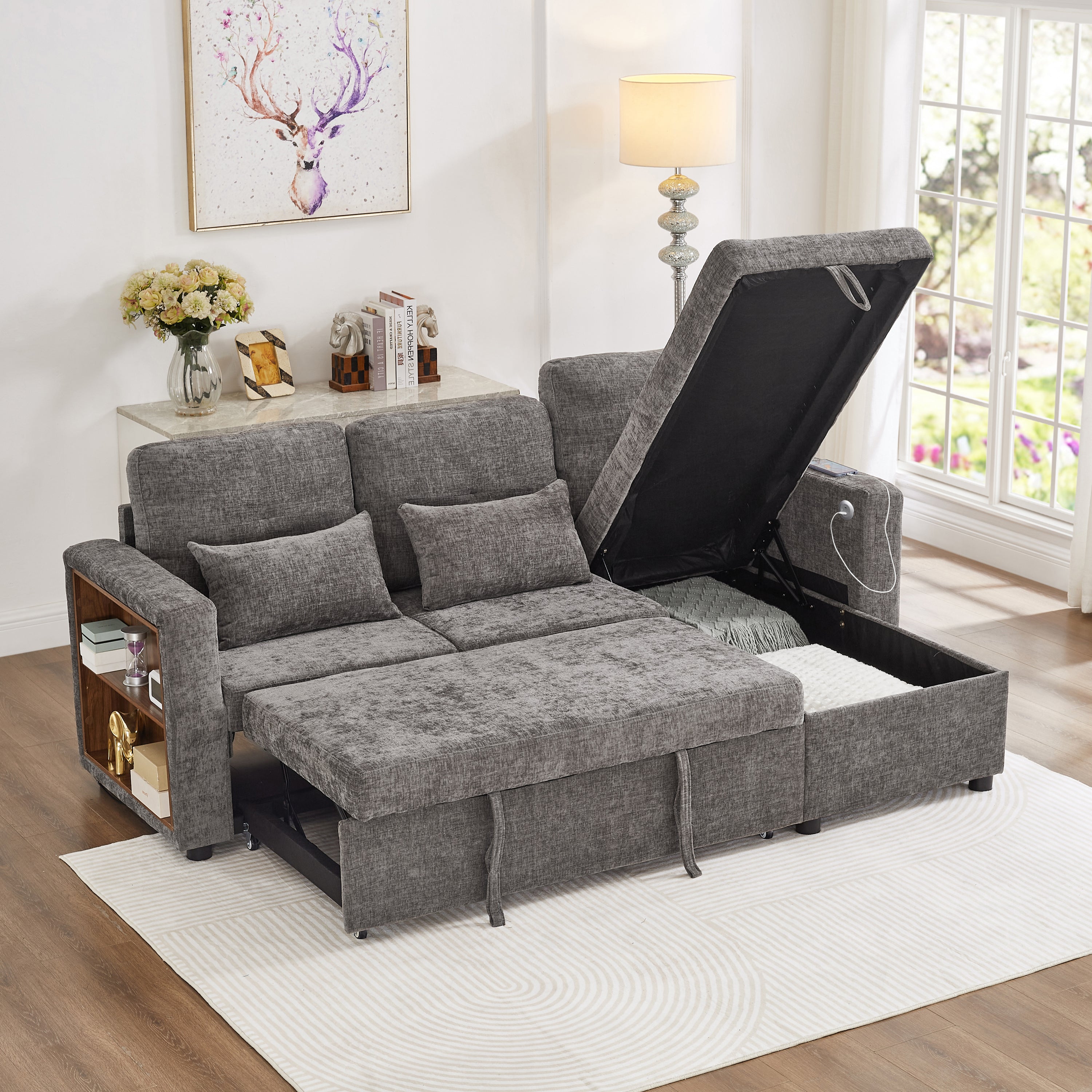 3-in-1 Convertible Chenille Sectional Sofa Bed with Convertible Storage Chaise, L-Shaped Sleeper Sofa with Integrated Charging Station and Adjustable Armrest Side Storage, USB & Type-C Ports, Grey