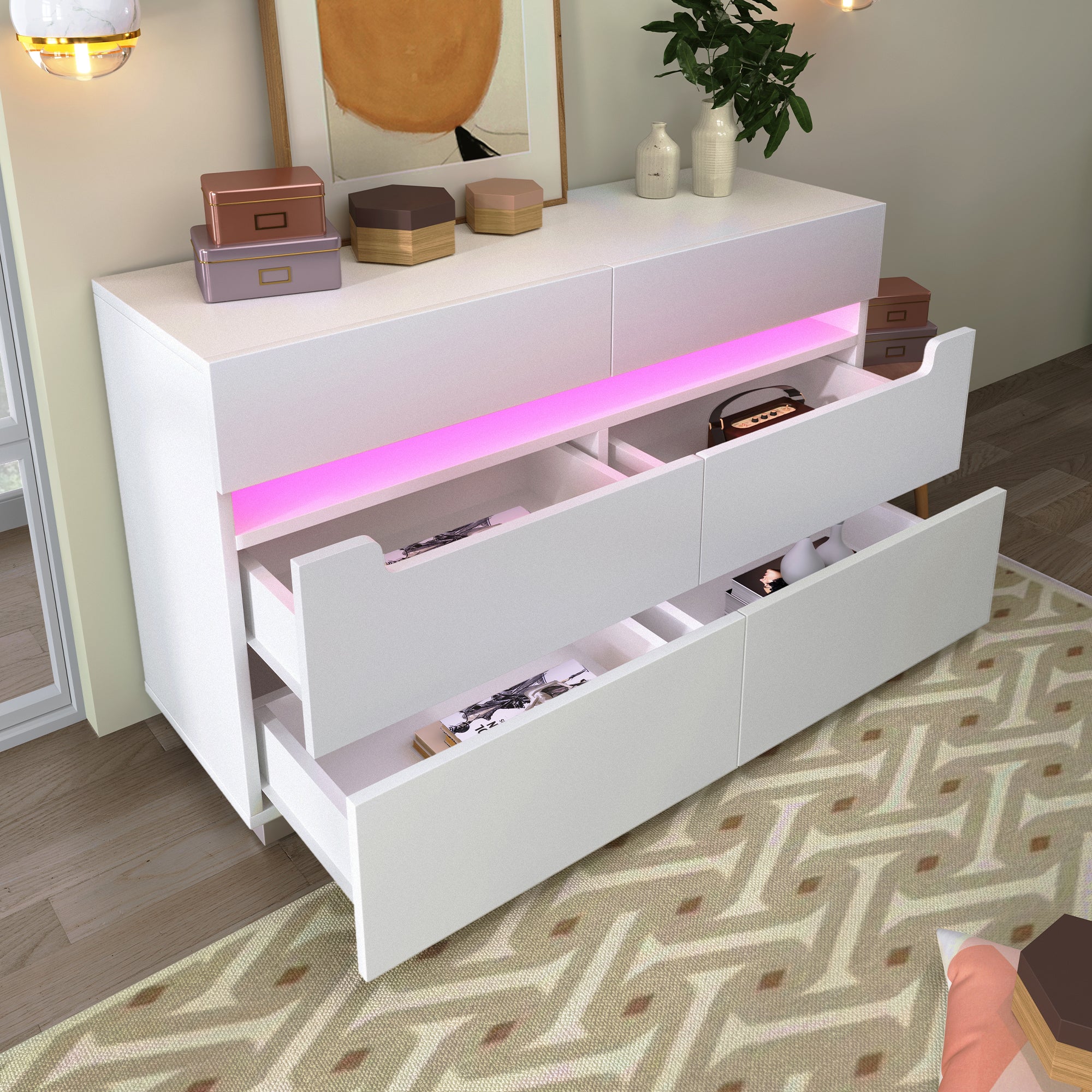 Sideboard Cabinet Dresser with 6 Drawers,Storage with RGB LED(App Control), Sideboard with Cut-out Handles, 6-drawers Chest of Drawers, 71 x 120 x 40 cm, White