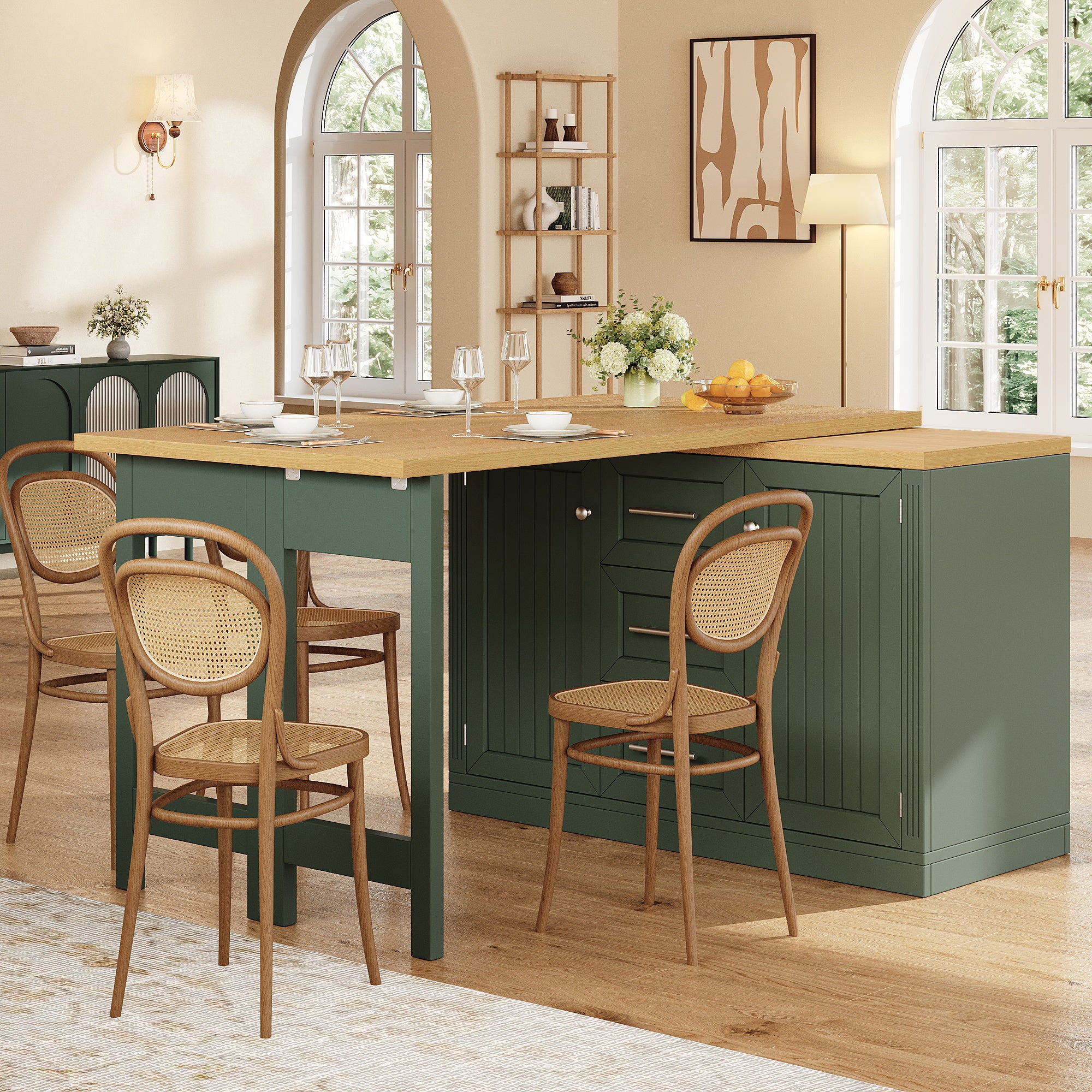 Extendable Sideboard & Table Combo, 120-180cm Adjustable Dining Table with Storage, 3 Drawers & Snack racks, Space-Saving kitchen island for Small Flats, White/Antique Green
