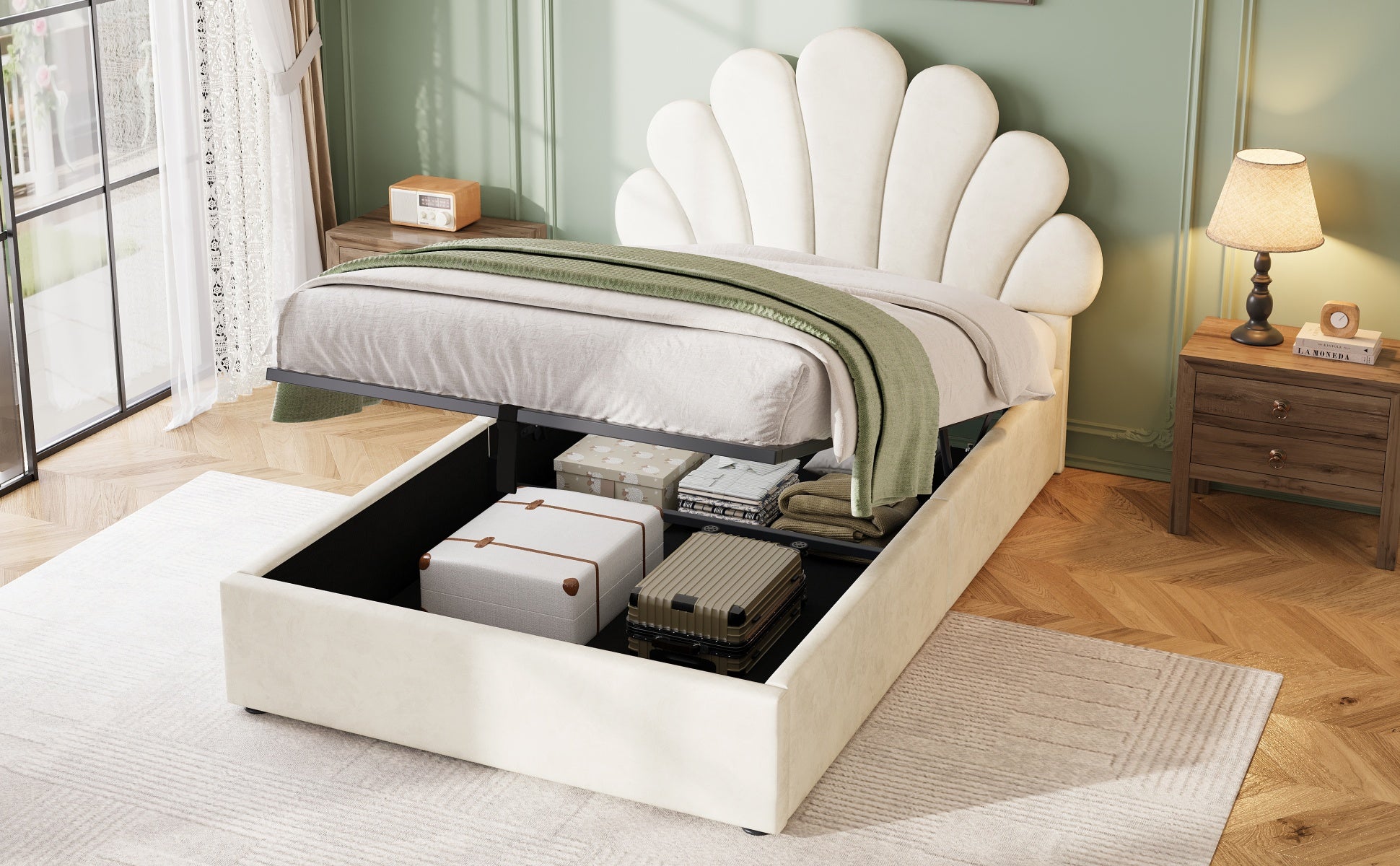 3ft Single Upholstered Hydraulic Bed with Adjustable Chic Petal Headboard, Soft Velvet Bed Frame with Hydraulic Storage, Petal Bed with Solid Wood Slat, No Box Spring Needed, Beige (No Mattress)